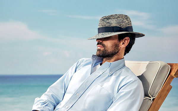MEN'S BLUE CROCHET TRILBY HAT WITH A NAVY BAND AND BOW