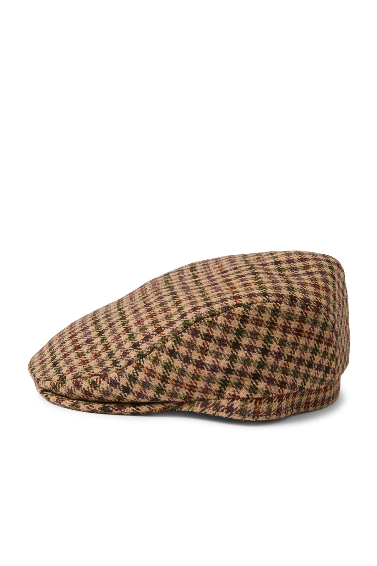 BROWN, ORANGE AND GREEN CHECK WOOL TWEED FLAT CAP SIDE ANGLE - Lock & Co. Hatters London UK
            