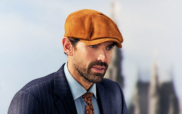 Men's tan suede bakerboy cap