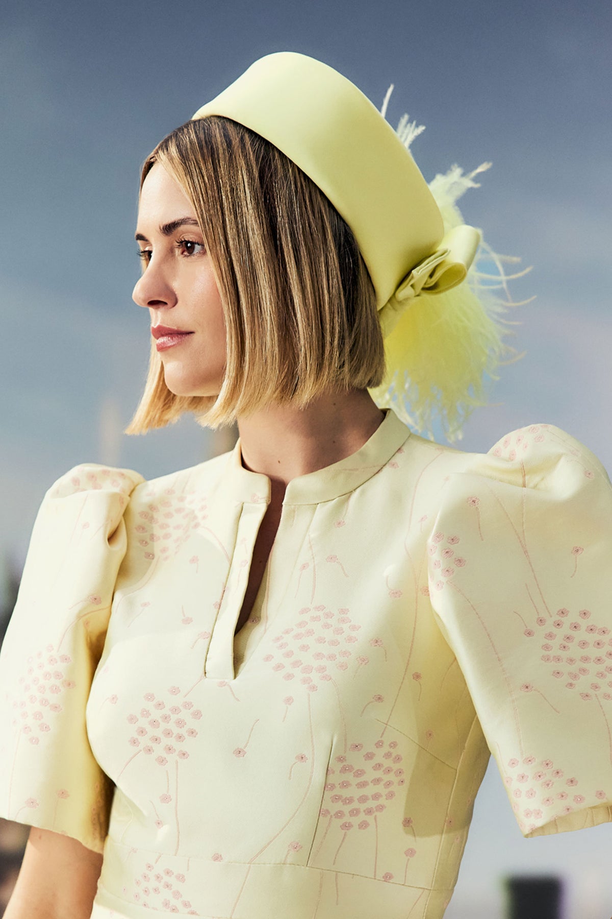 Women's yellow silk Pillbox Hat with back ostrich feathers and a silk back bow