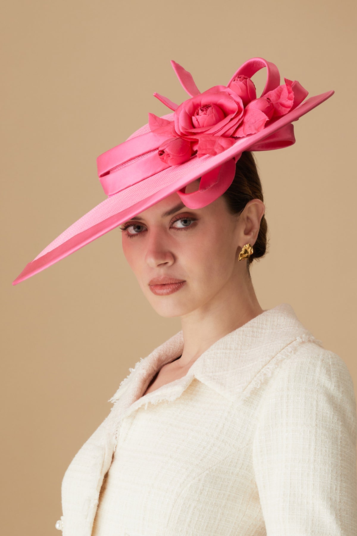Women&#39;s Jasmine Bright Pink Slice Sinamay Hat With Satin Camellia And Bows - Lock & Co. Hatters London UK
            
