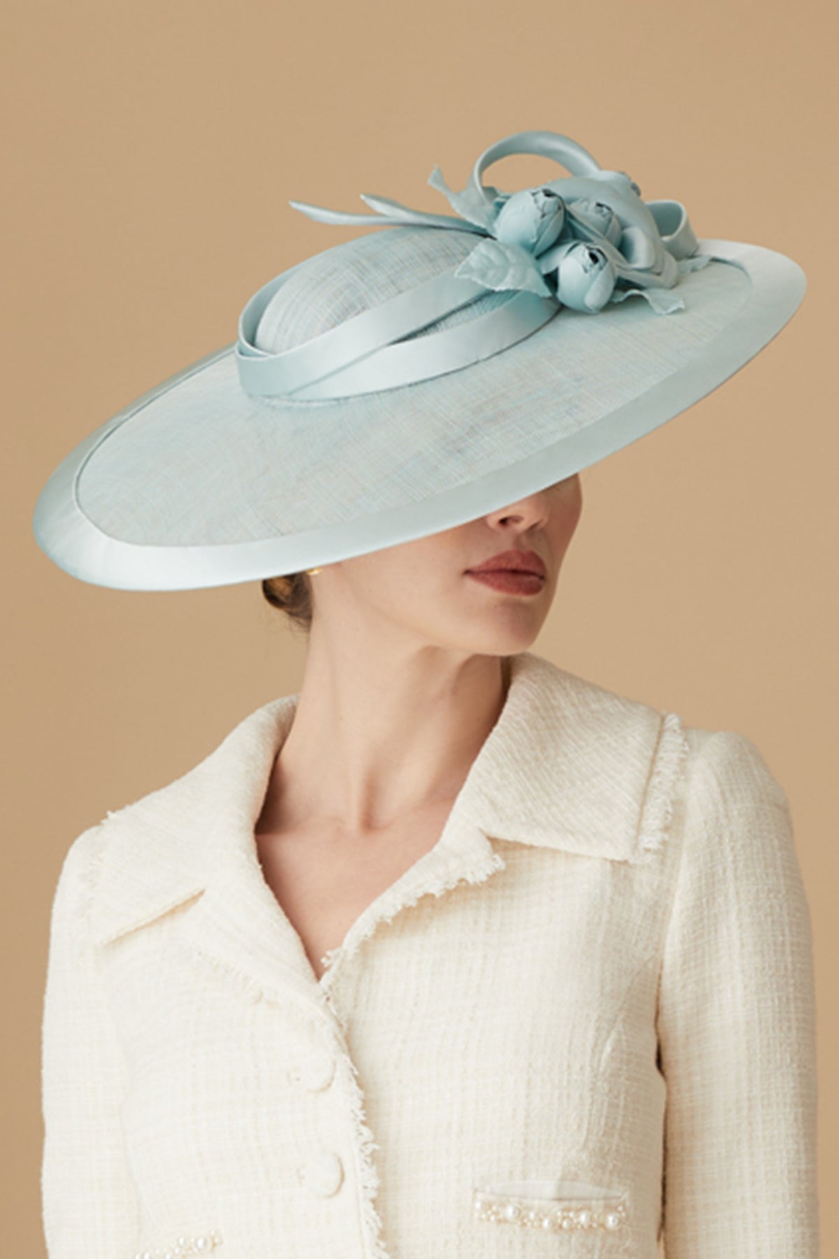 Women&#39;s Jasmine Duck Egg Slice Sinamay Hat With Satin Camellia And Bows - Lock & Co. Hatters London UK
            