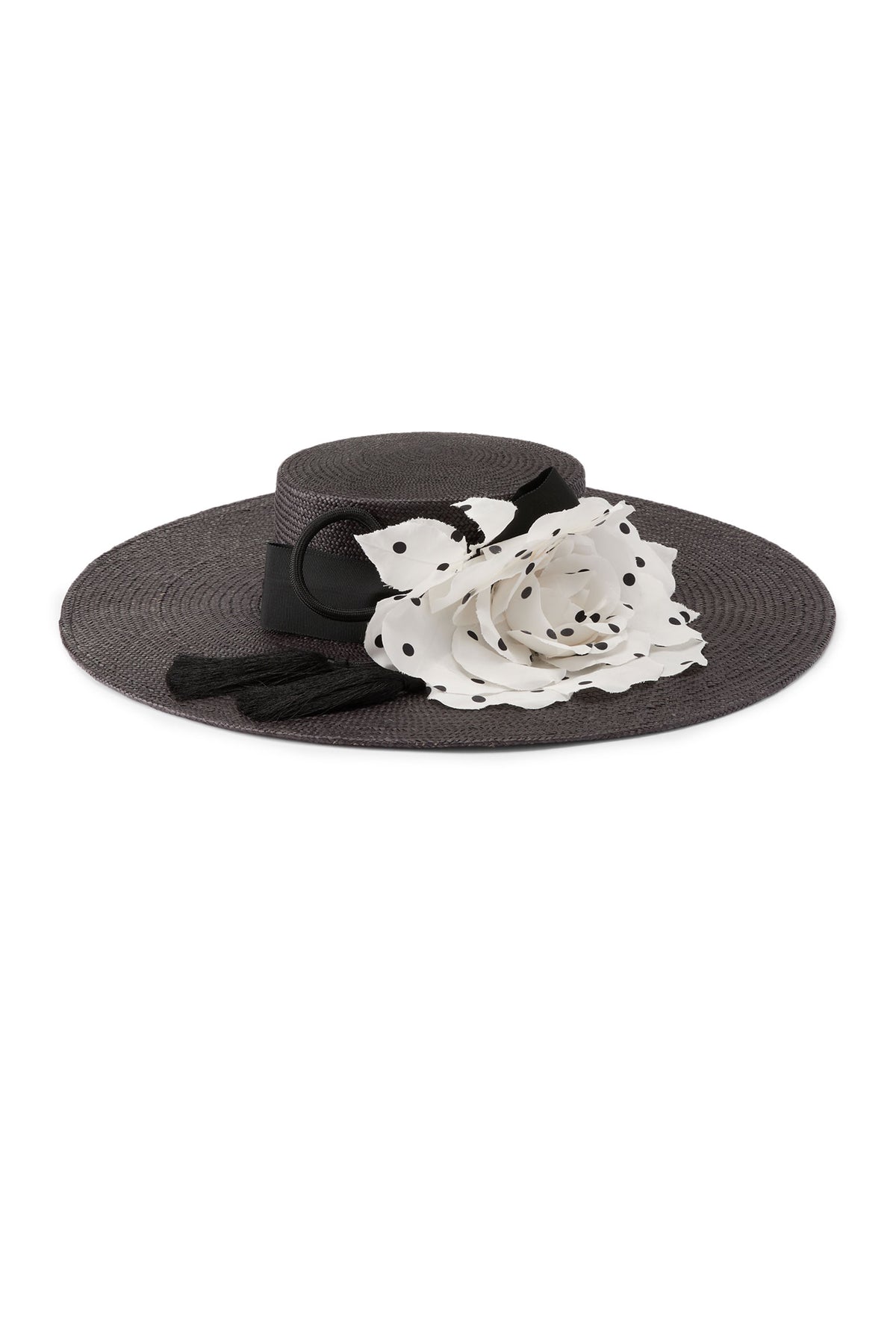 Women's black wide brim Panama straw boater with a classic petersham ribbon, a tasseled rope detail and a contrasting oversized white and black silk polka-dot rose.