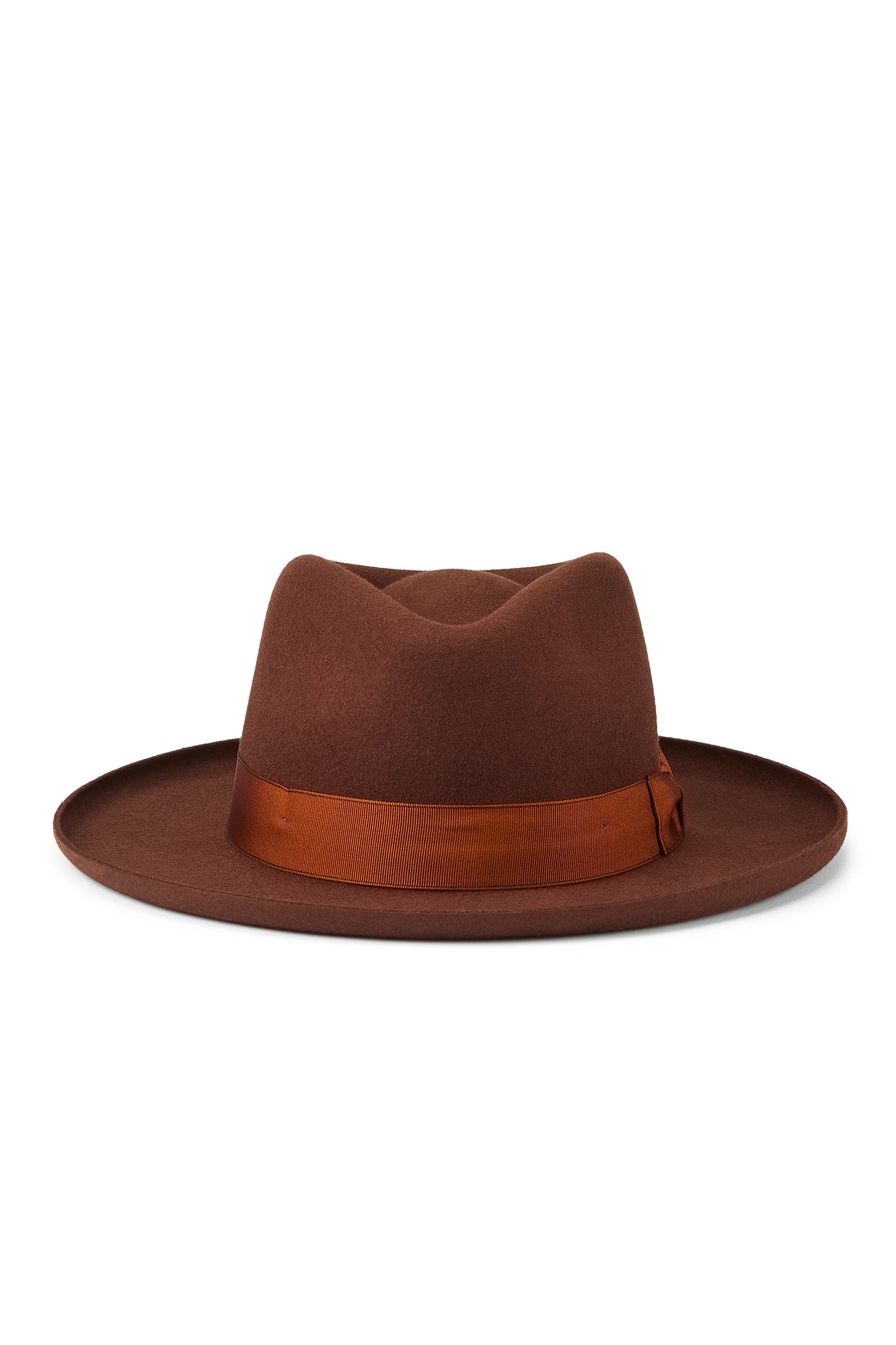 MENS RUST WOOL FEDORA HAT WITH A GROSGRAIN BURNT ORANGE BAND AND BOW AND A PENCIL BRIM