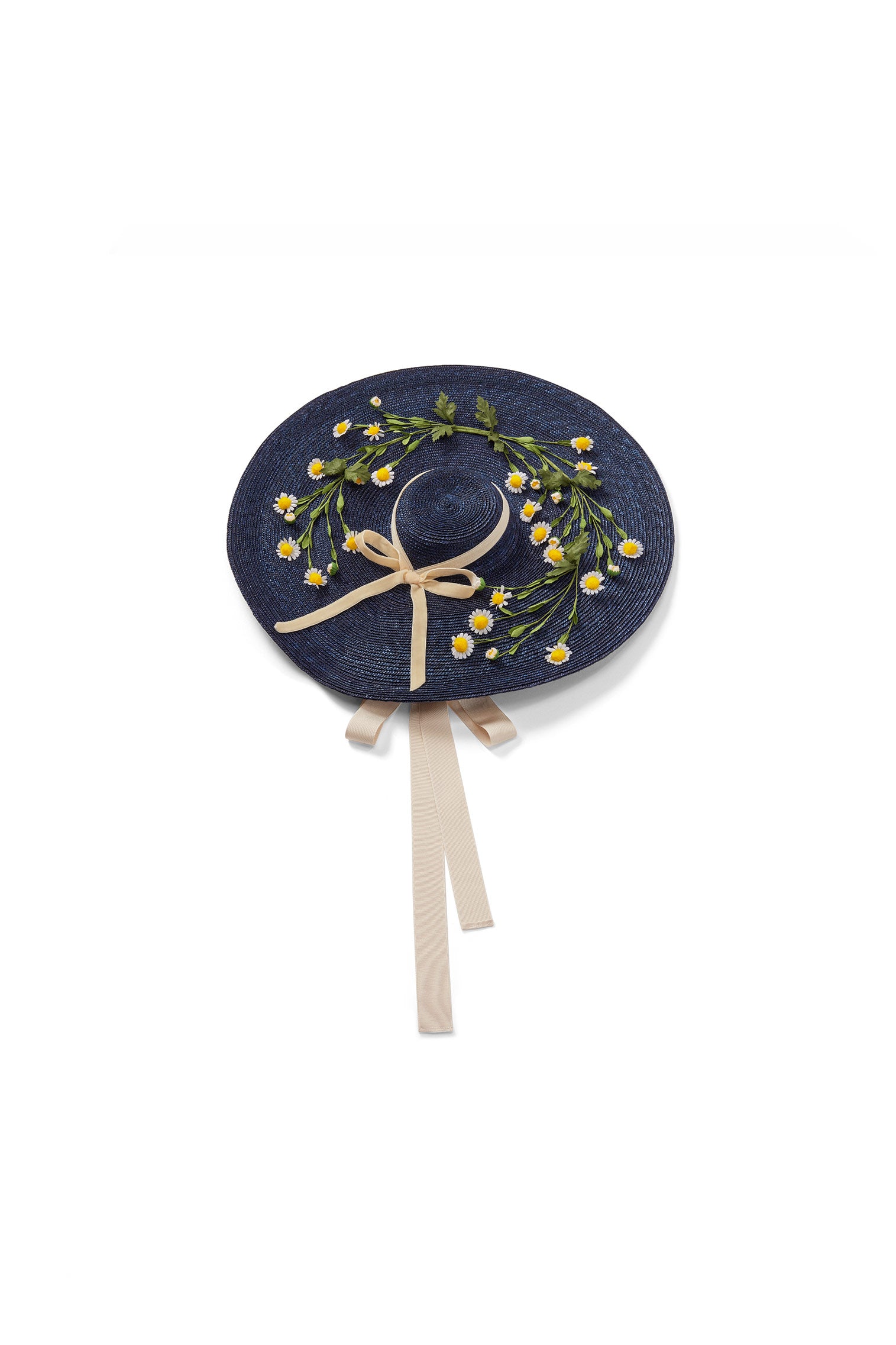 WOMEN'S NAVY OVERSIZED WIDE-BRIMMED PEDAL STRAW COUTURE BOATER HAT WITH GALLOON RIBBON CHIN TIES, A VELVET RIBBON BOW, AND VINTAGE DAISY DETAILING