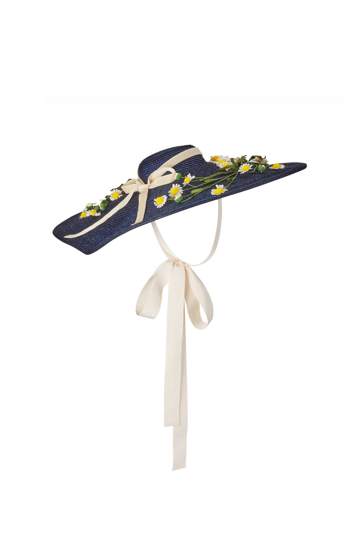 WOMEN&#39;S NAVY OVERSIZED WIDE-BRIMMED PEDAL STRAW COUTURE BOATER HAT WITH GALLOON RIBBON CHIN TIES, A VELVET RIBBON BOW, AND VINTAGE DAISY DETAILING - Lock & Co. Hatters London UK
            