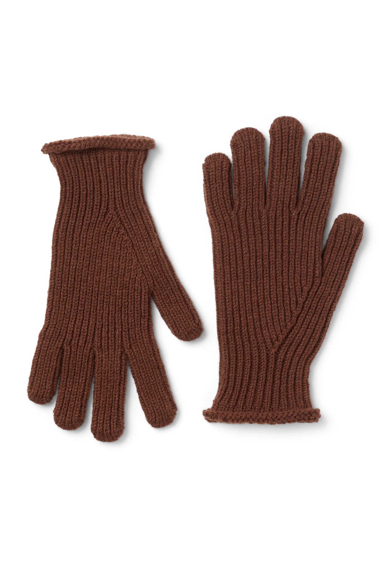 A pair of brown unisex ribbed knit wool gloves.