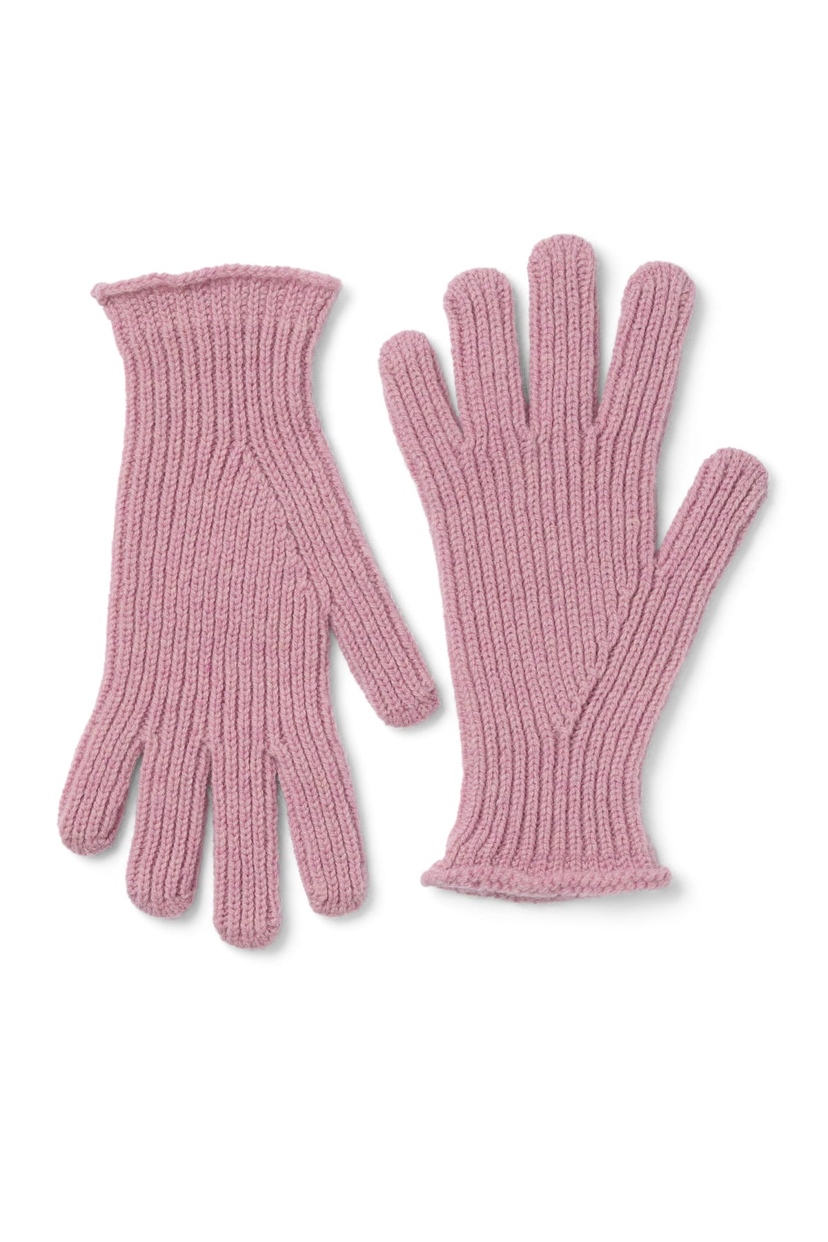 Unisex dusty pink ribbed knit wool gloves.