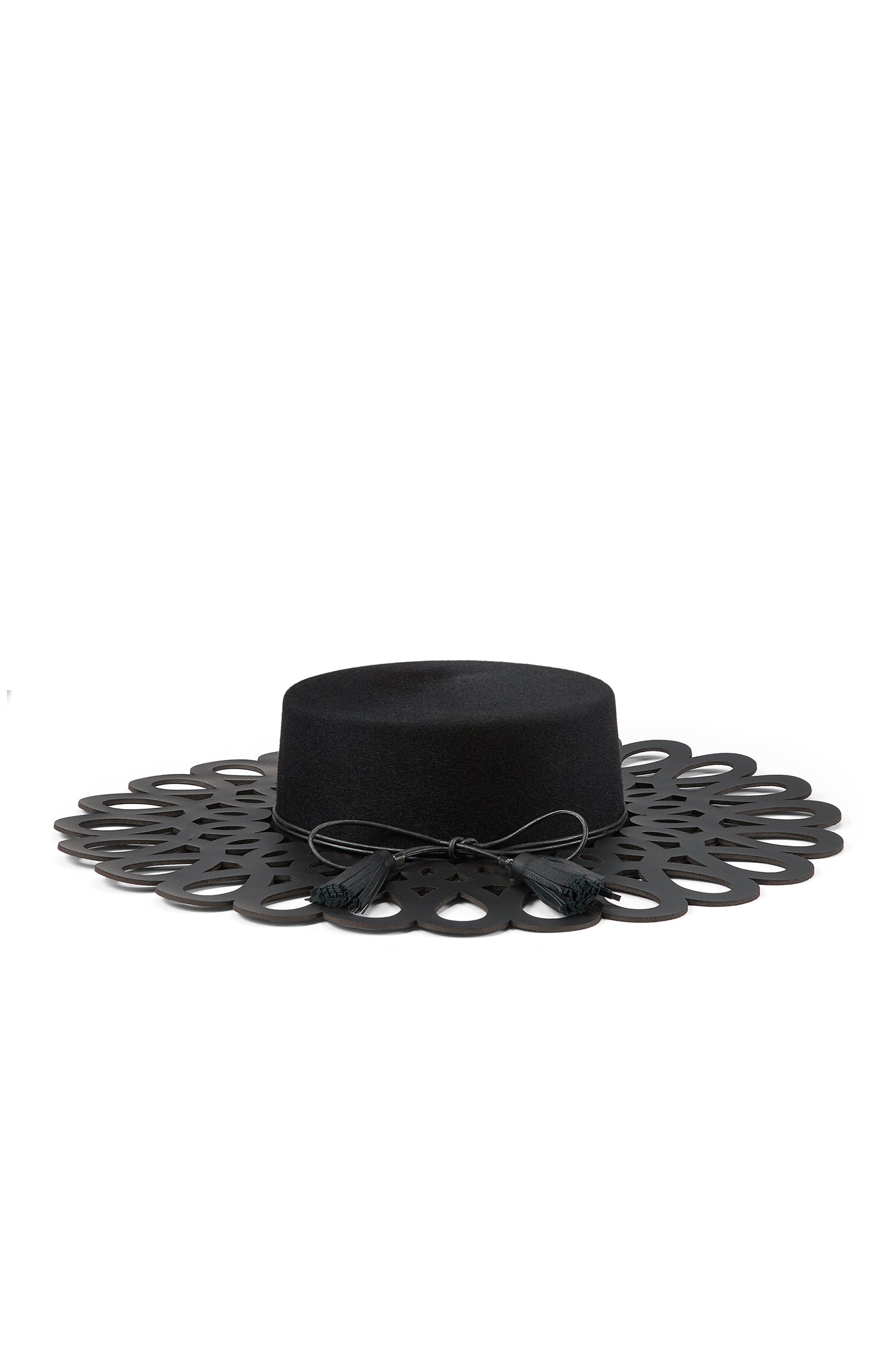 Black felt boater hat with a laser-cut leather wide brim 