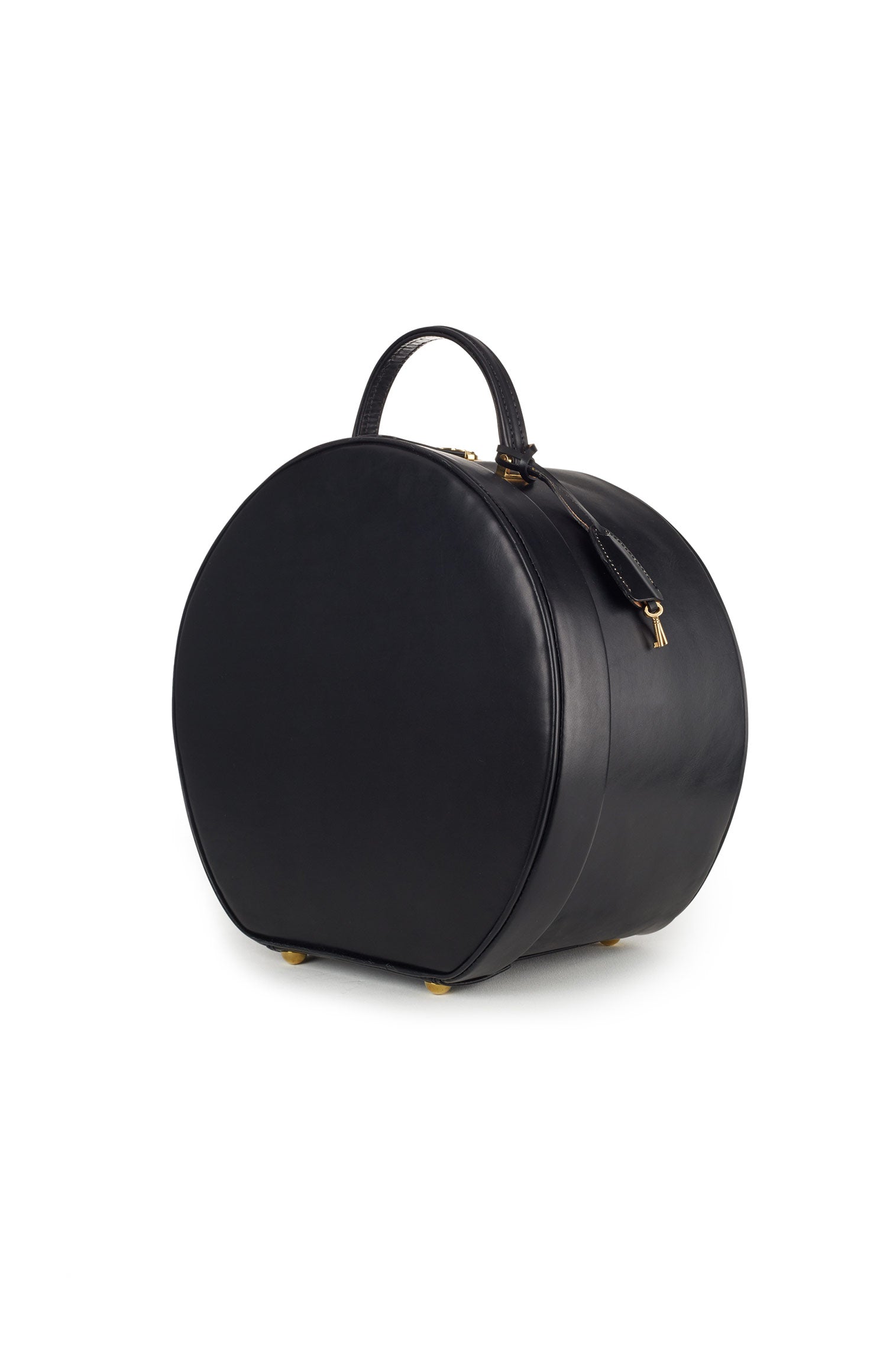 BLACK LEATHER HAT BOX WITH A SILK VELVET LINING AND A CARRYING HANDLE