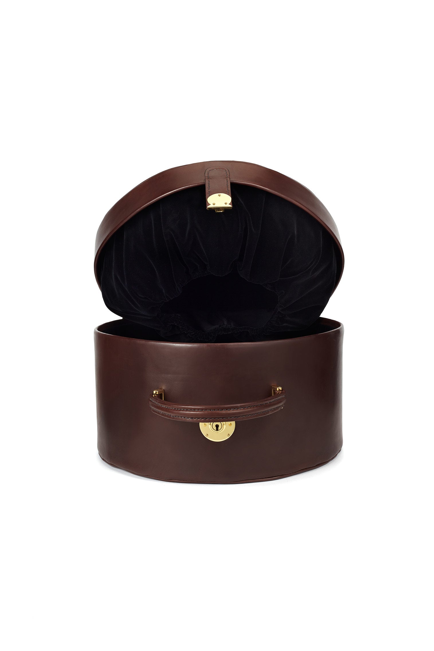 BROWN LEATHER HAT BOX WITH A SILK VELVET LINING AND A CARRYING HANDLE