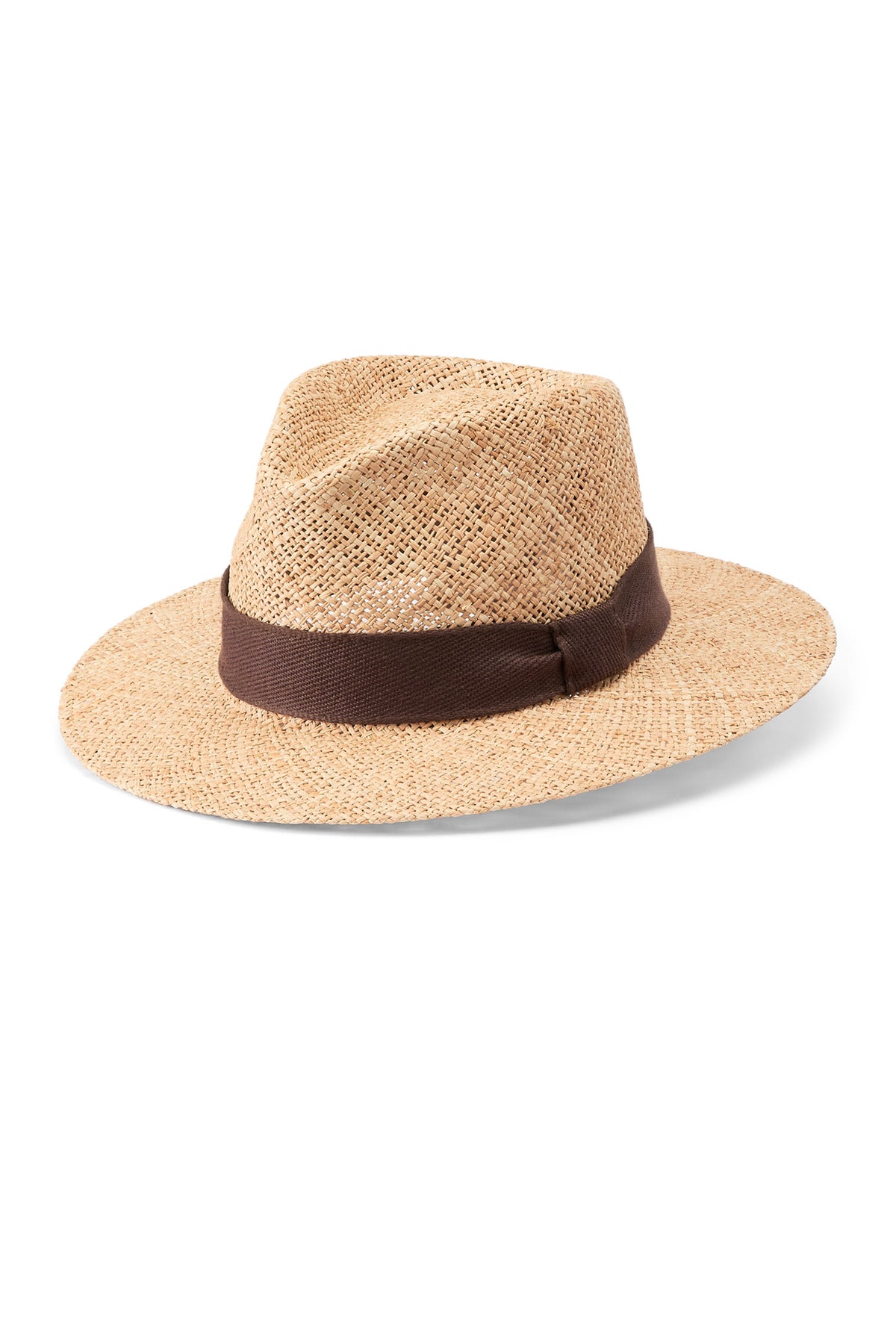 CROCHETED RAFFIA STRAW FEDORA HAT WITH BROWN BAND AND TAB DETAIL