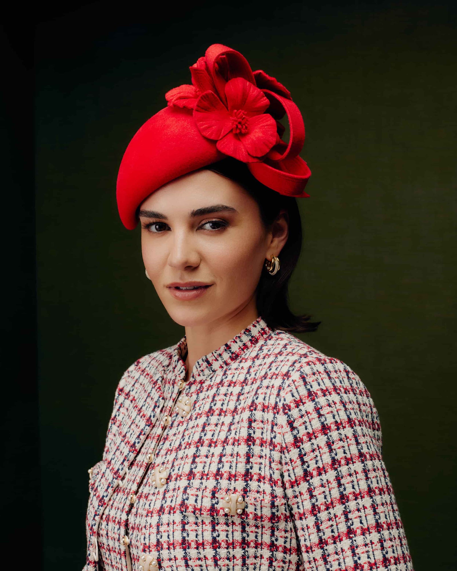 Couture red velour felt tear drop percher hat with three poppies.