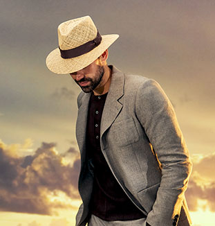 CROCHETED RAFFIA STRAW FEDORA HAT WITH BROWN BAND AND TAB DETAIL