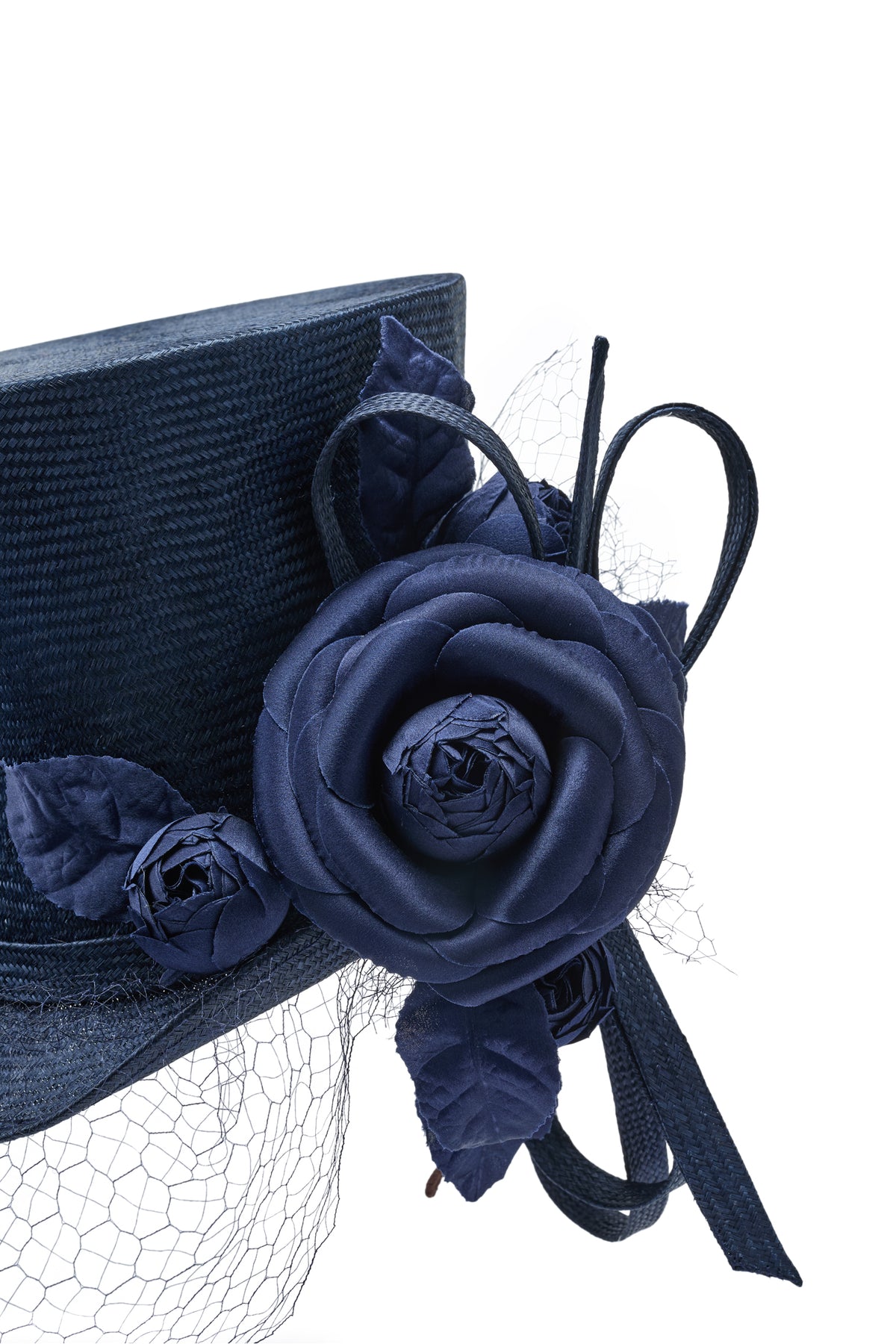 Womens navy parasisal straw top hat with vintage veiling &amp; silk camellias - Lock & Co. Hatters London UK
            