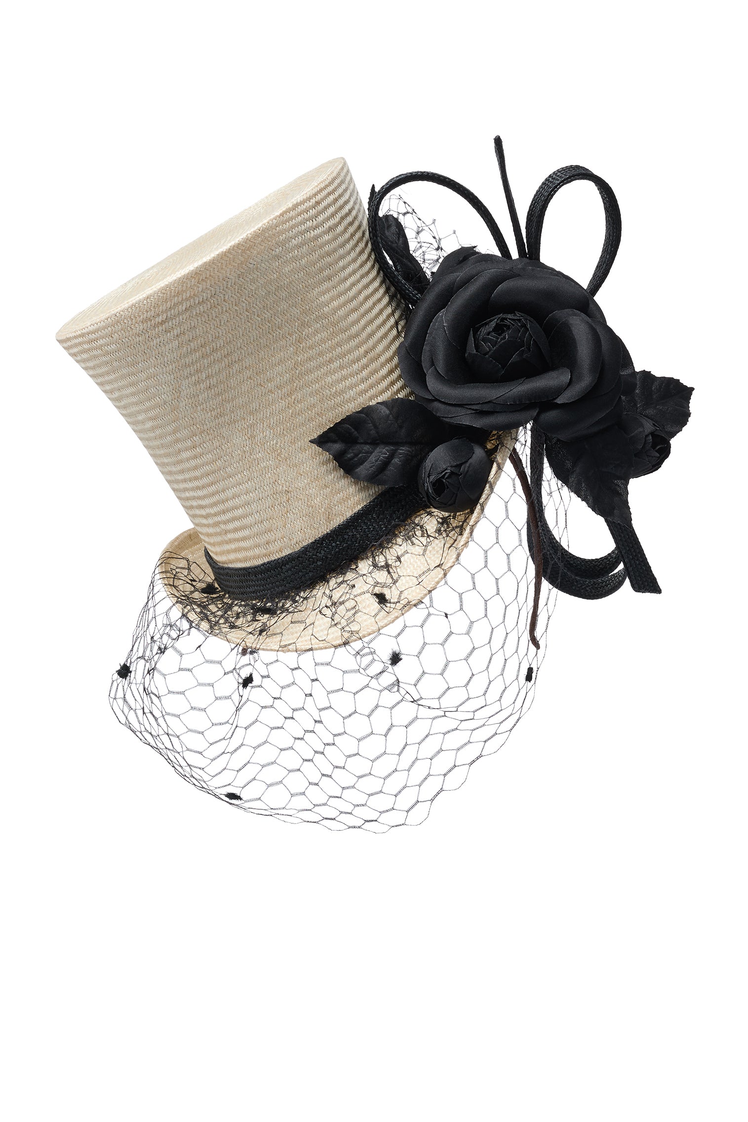 Womens natural parasisal straw top hat with black vintage veiling, silk camellias & straw loops