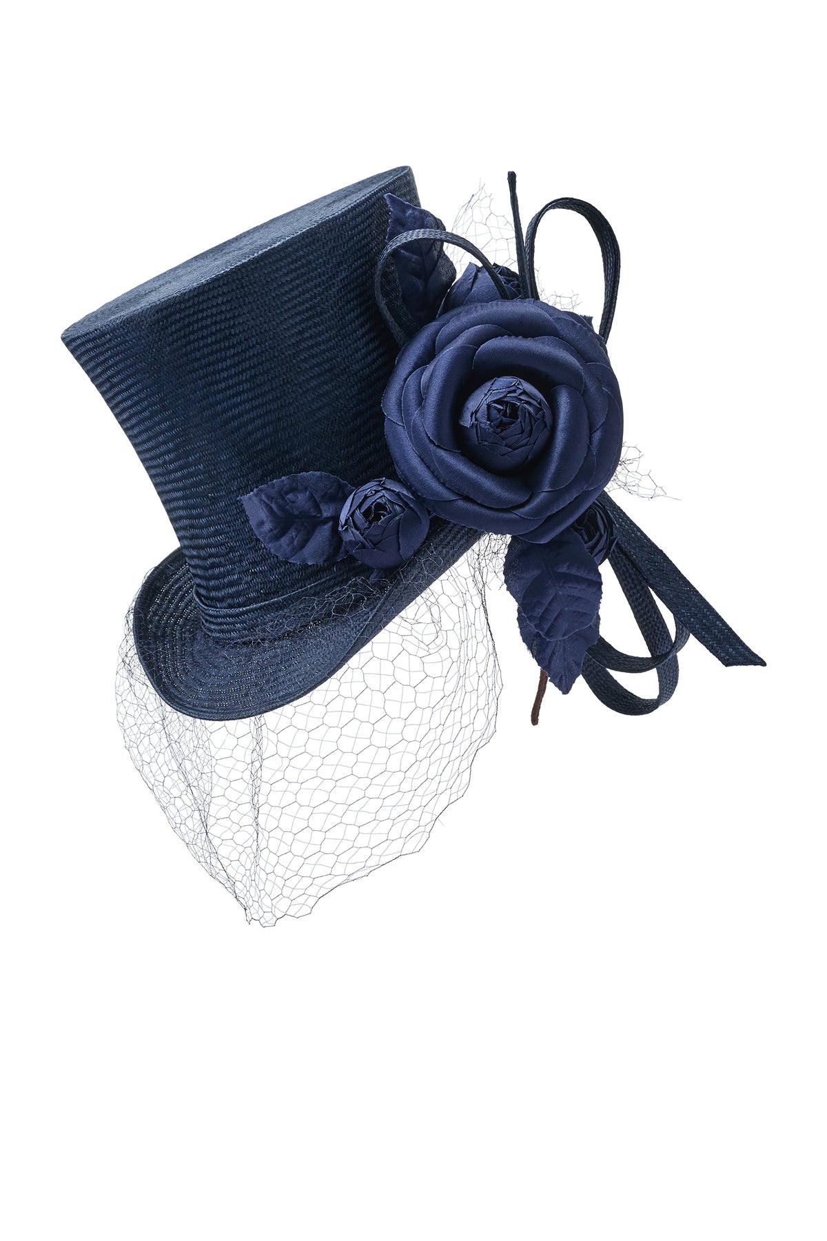 Womens navy parasisal straw top hat with vintage veiling &amp; silk camellias - Lock & Co. Hatters London UK
            