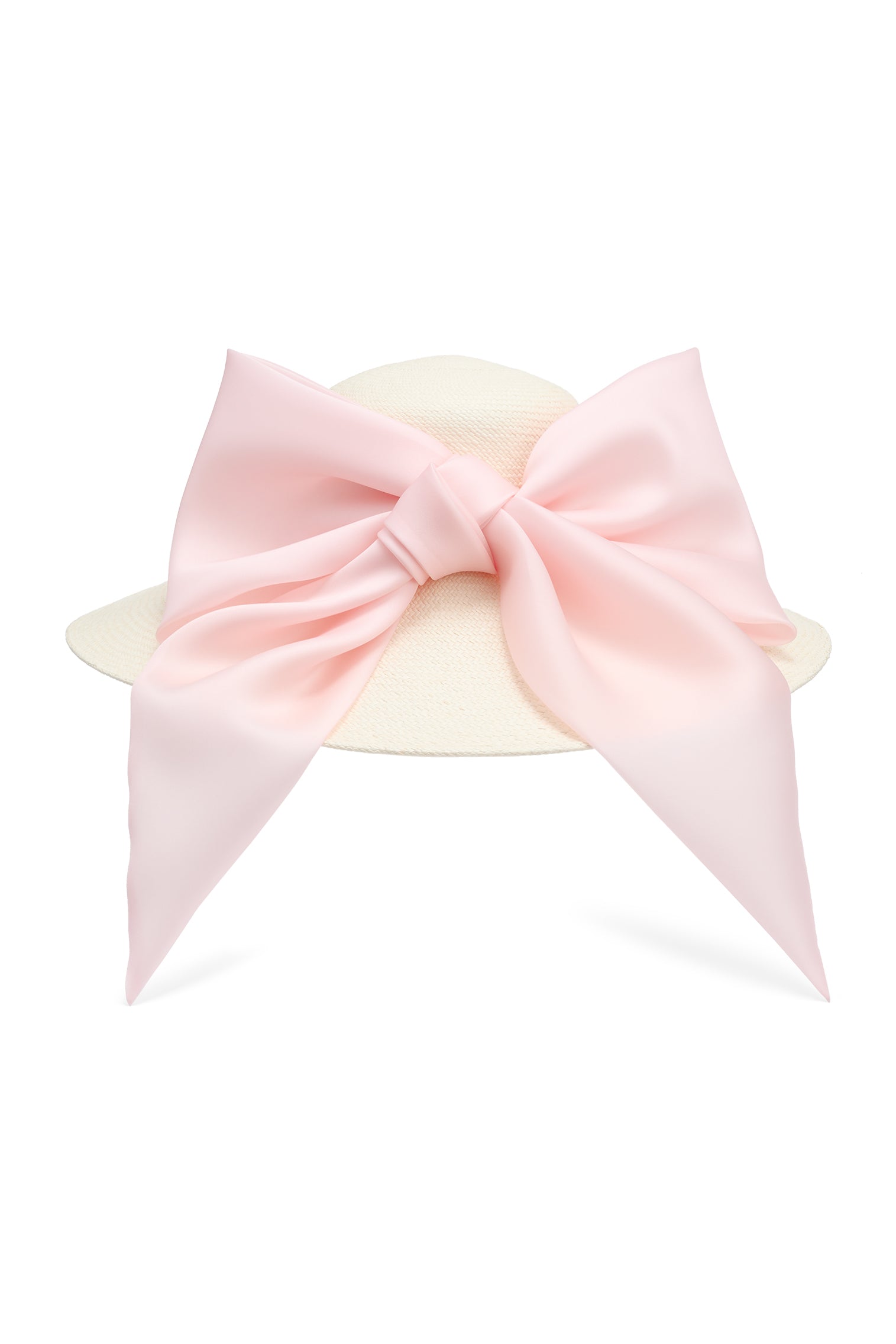 Ivory Panama straw wide-brim picture hat with an oversized silk gazor light pink bow