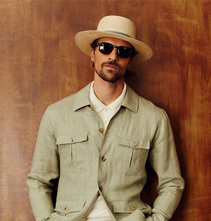 PORK PIE STRAW HAT WITH A TEXTURED BLUE/GREEN COTTON BAND