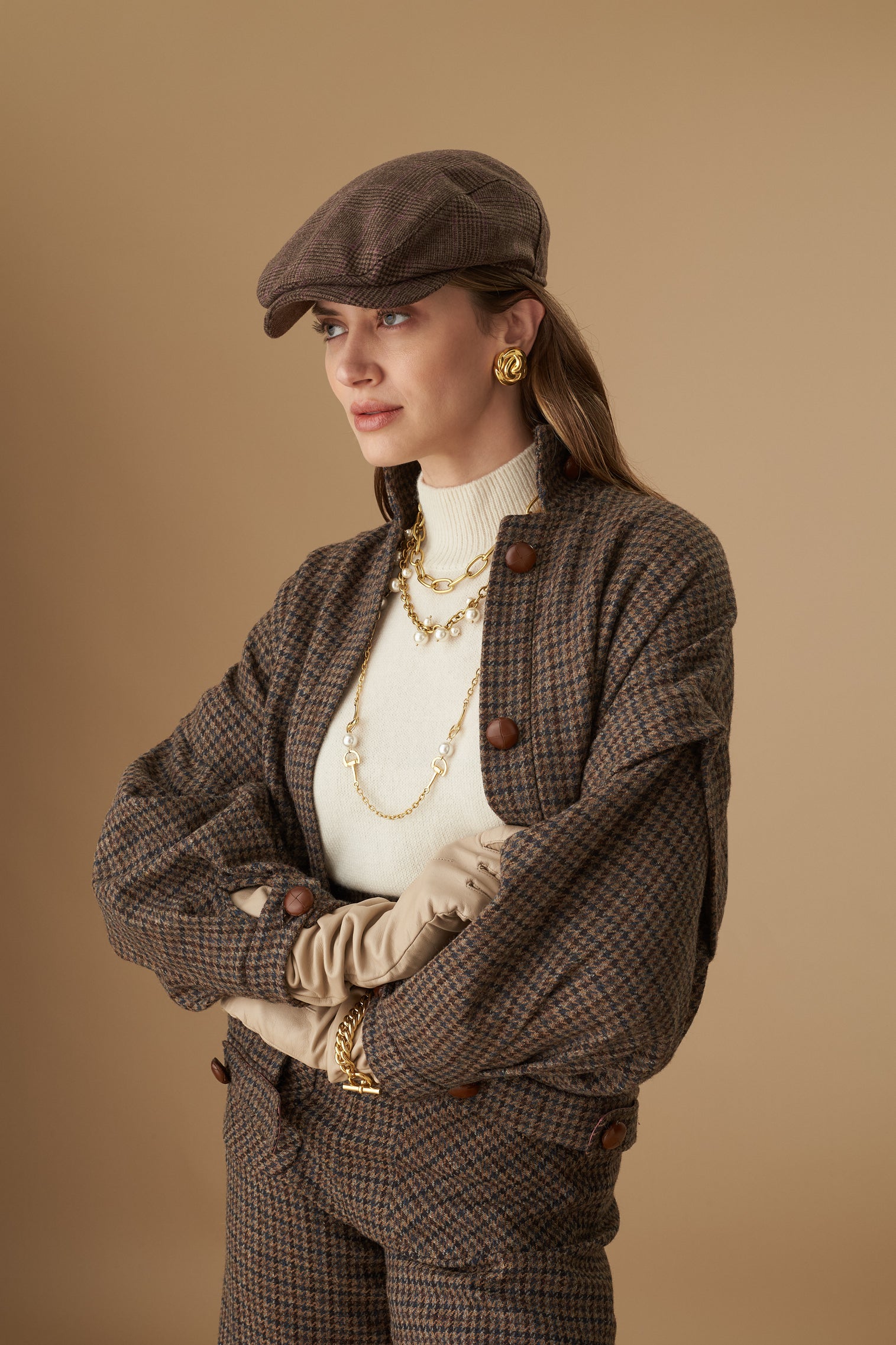 WOMEN'S BROWN CHECK WOOL FLAT CAP