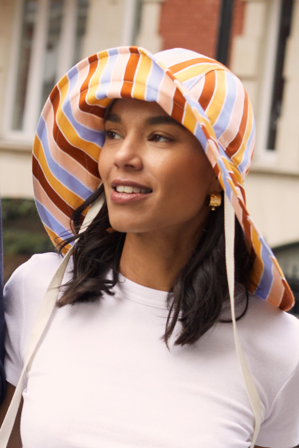 RED, YELLOW, BLUE AND BEIGE STRIPED COTTON SUN HAT WITH CHIN STRAPS - Lock & Co. Hatters London UK
            