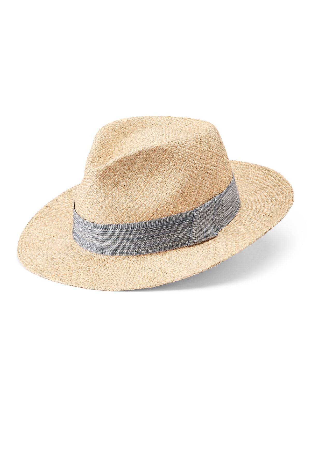 MEN'S BAKU STRAW FEDORA HAT WITH A BLUE AND GREY BAND WITH A SLANTED TAB FINISH