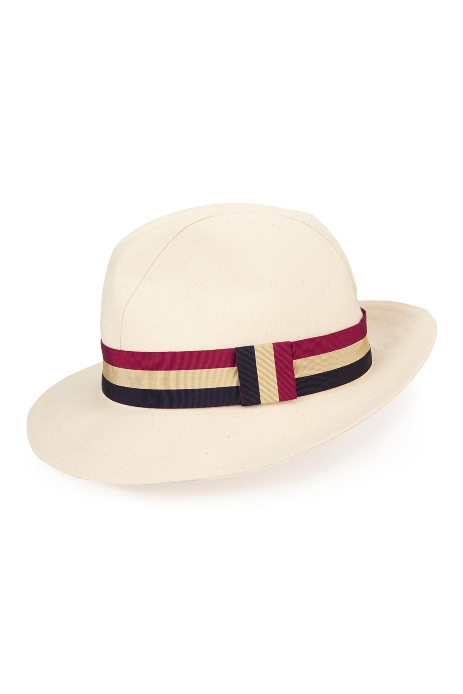 CREAM CALICO COTTON TRILBY-STYLE HAT WITH RED, CREAM & BLUE STRIPED BAND AND BOW