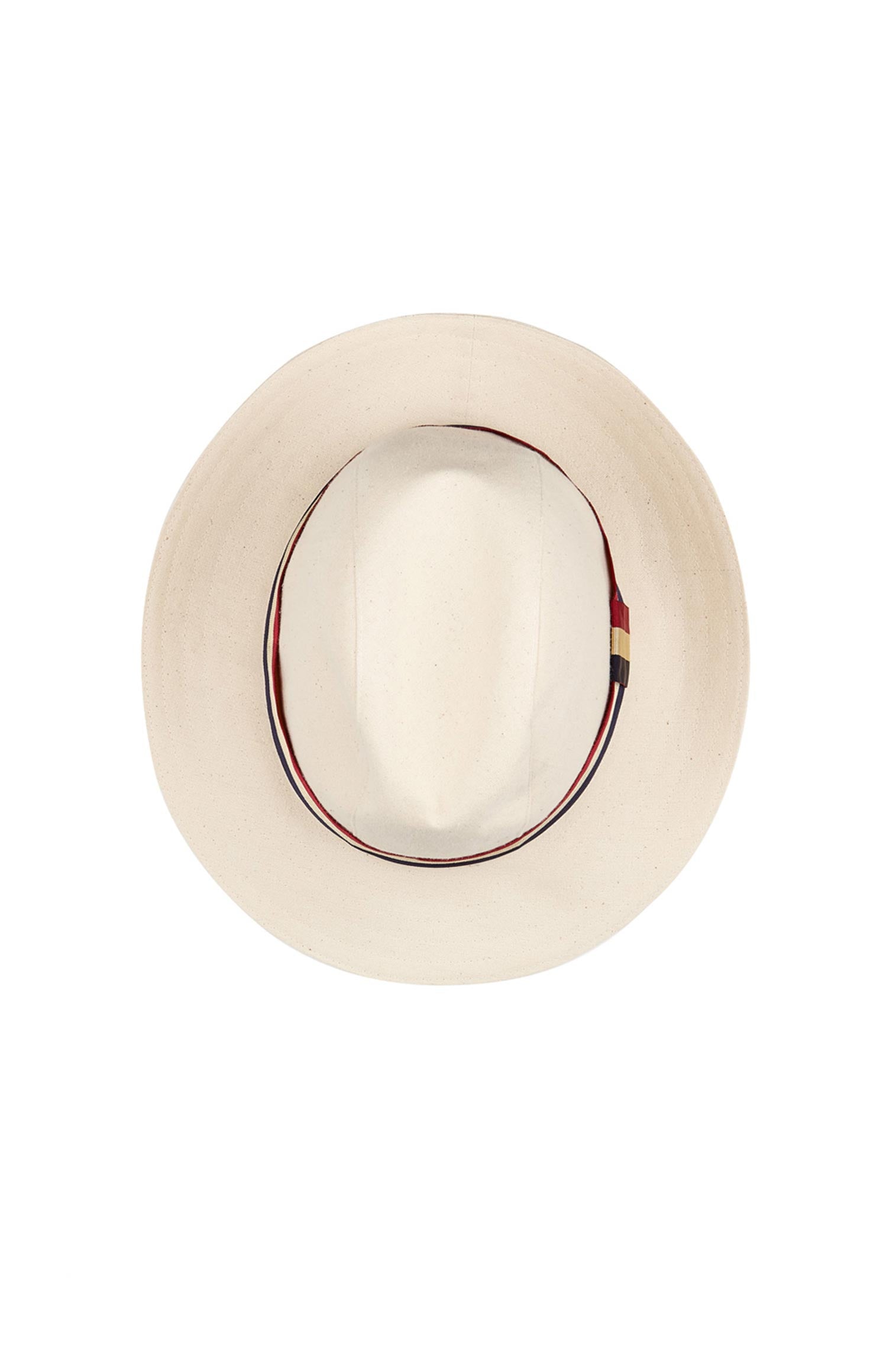 CREAM CALICO COTTON TRILBY-STYLE HAT WITH RED, CREAM & BLUE STRIPED BAND AND BOW