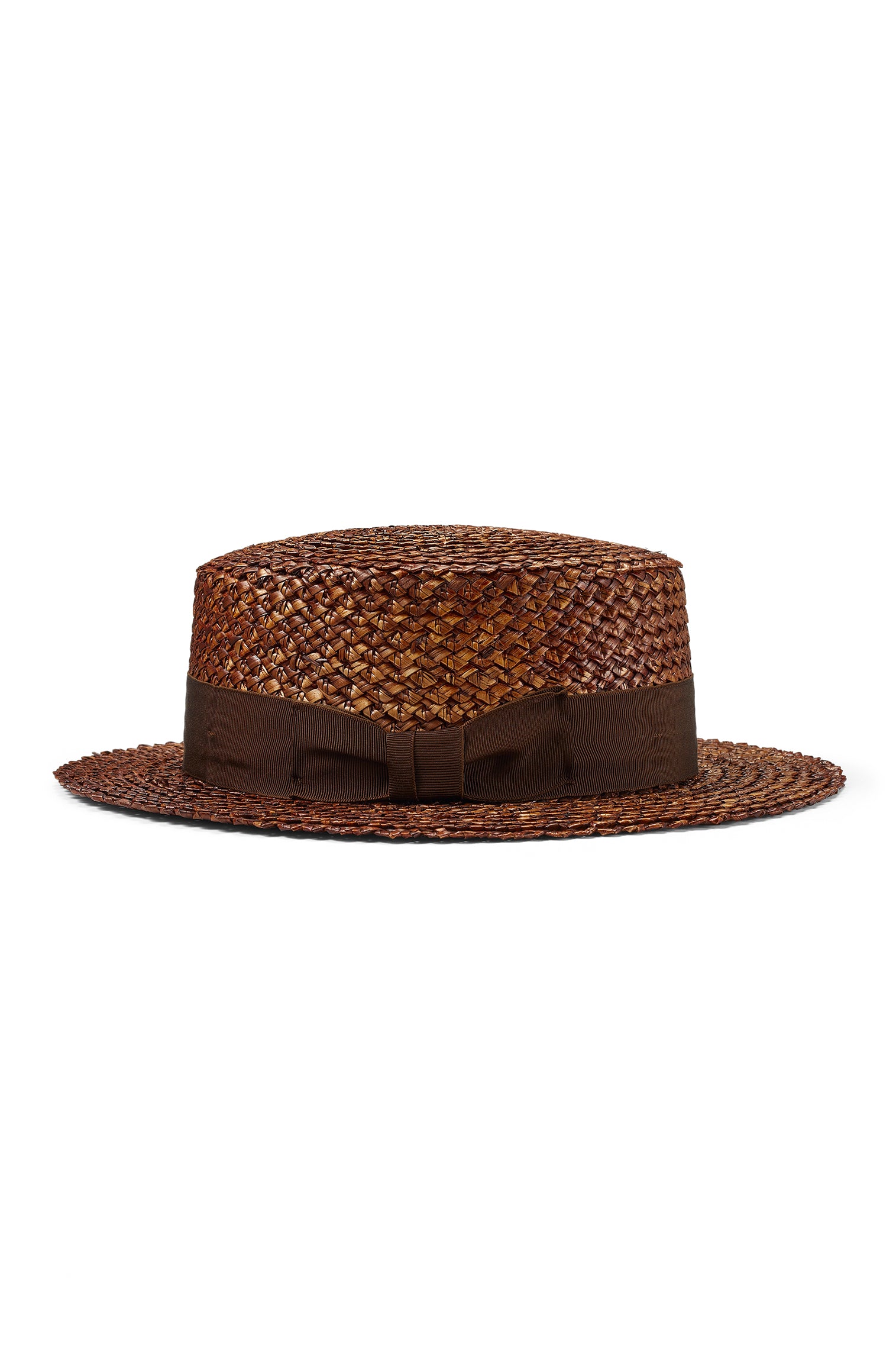 UNISEX BROWN COARSE WOVEN WHEAT LEAVES STRAW BOATER HAT WITH A BROWN GROSGRAIN BAND