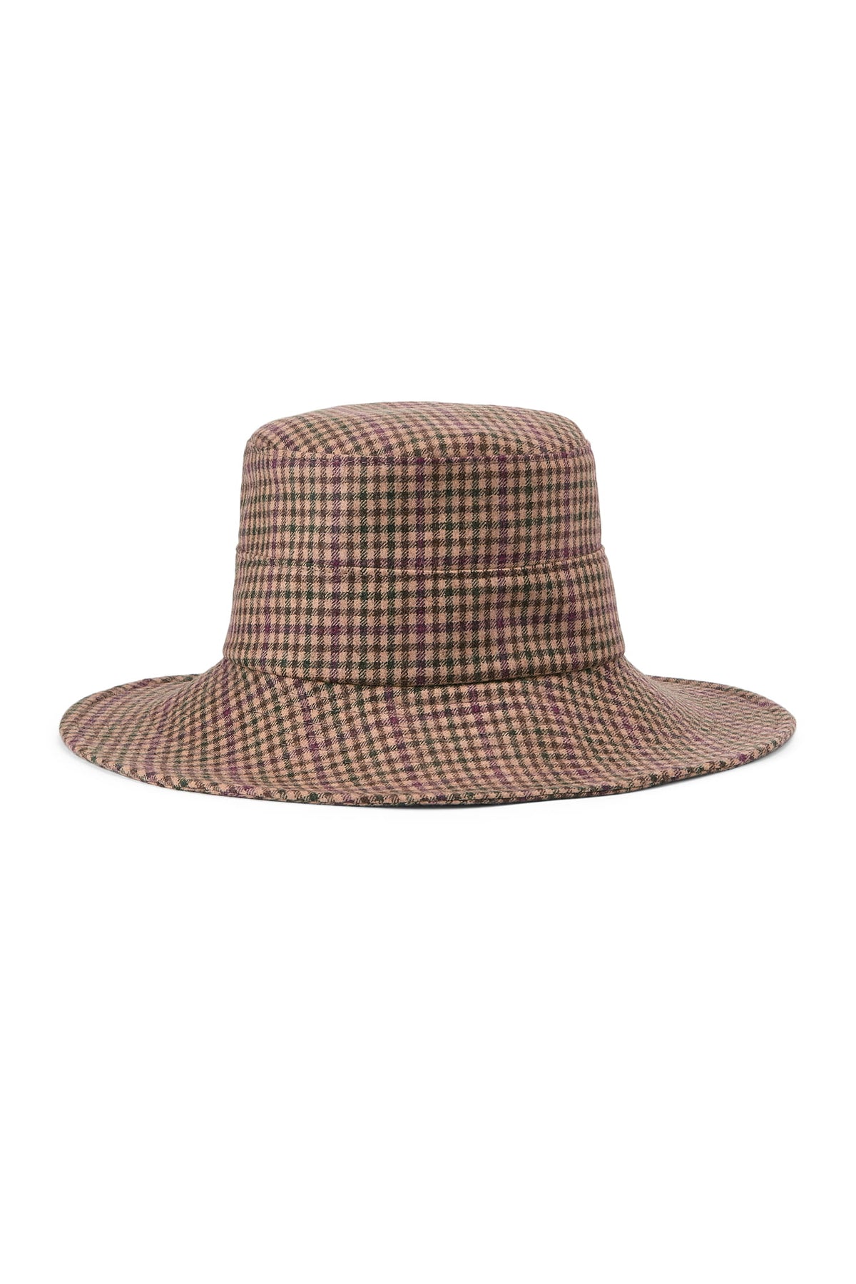 Women's wool wide brim bucket hat with a brown, tan and purple houndstooth pattern.