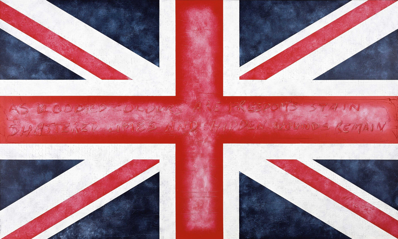 A large framed Union Jack flag print by Martin Wade hangs on a dark wall, with a smaller framed document visible beside it. 