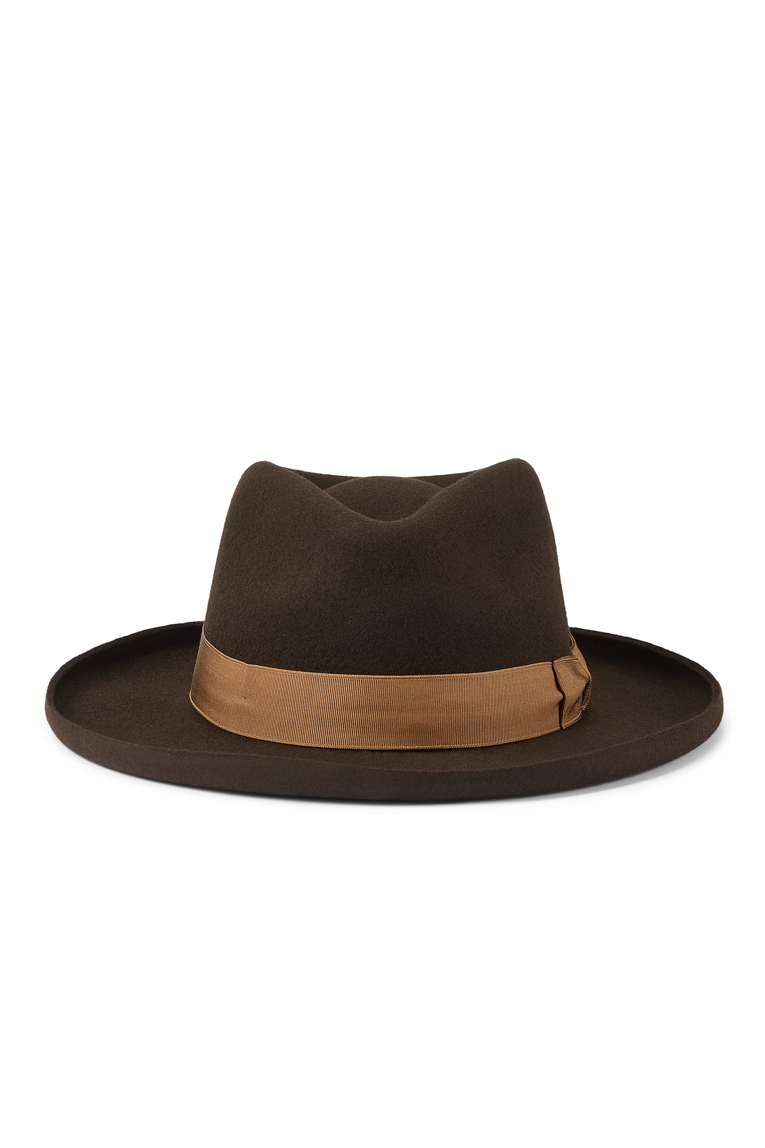 MENS DARK CHOCOLATE BROWN WOOL FEDORA HAT WITH A GROSGRAIN CARAMEL BAND AND BOW AND A PENCIL BRIM