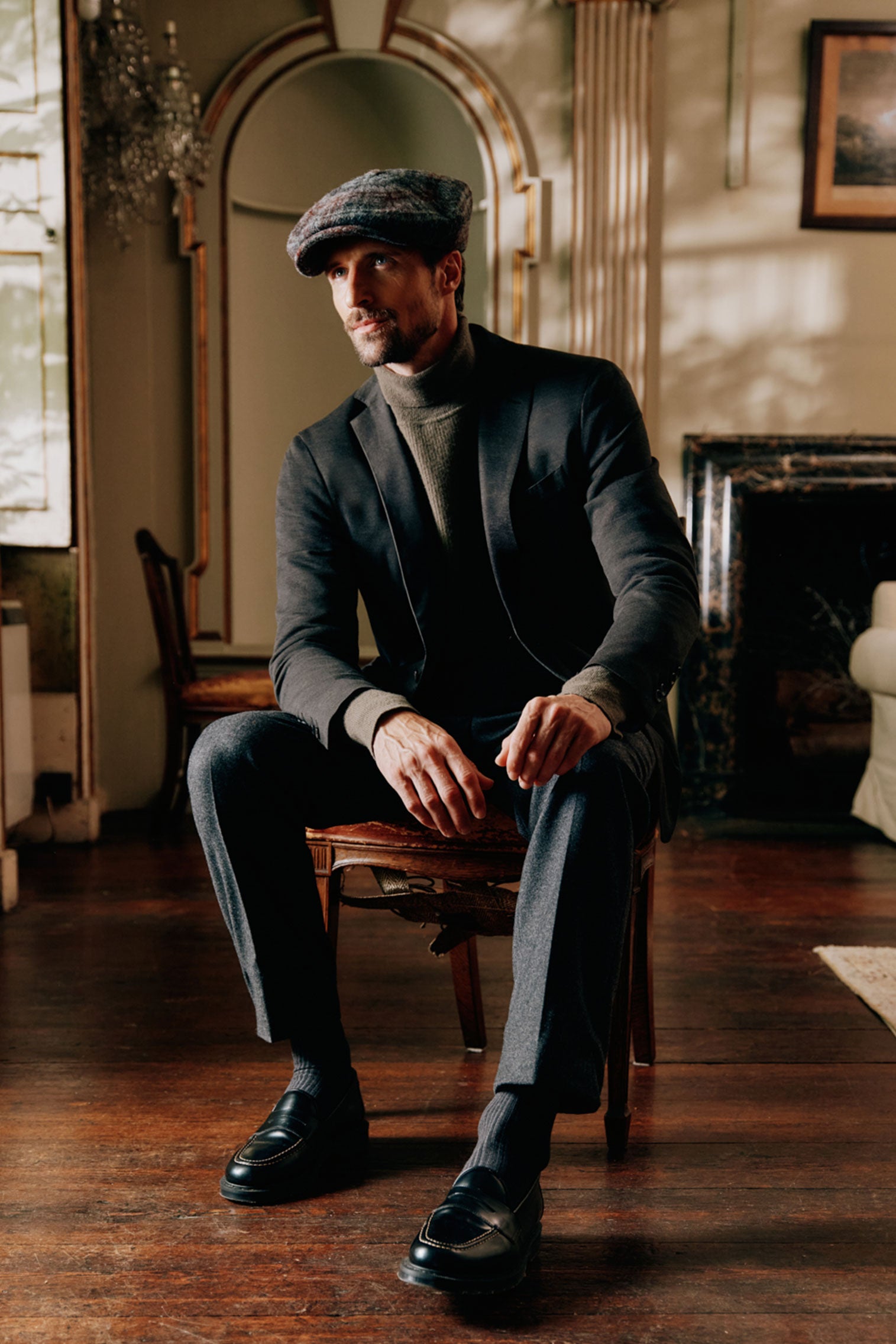 MEN'S GREEN, GREY AND RUST CHECK WOOL 8 PANEL BAKERBOY CAP