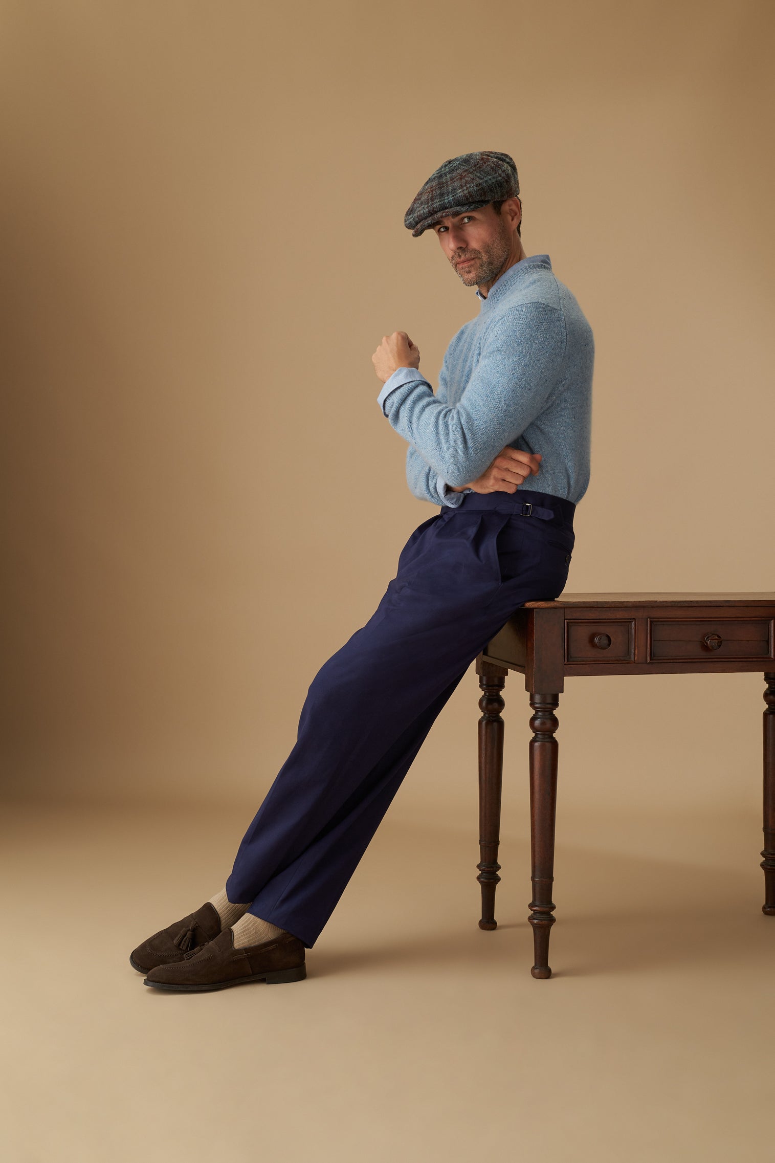 MEN'S GREEN, GREY AND RUST CHECK WOOL 8 PANEL BAKERBOY CAP