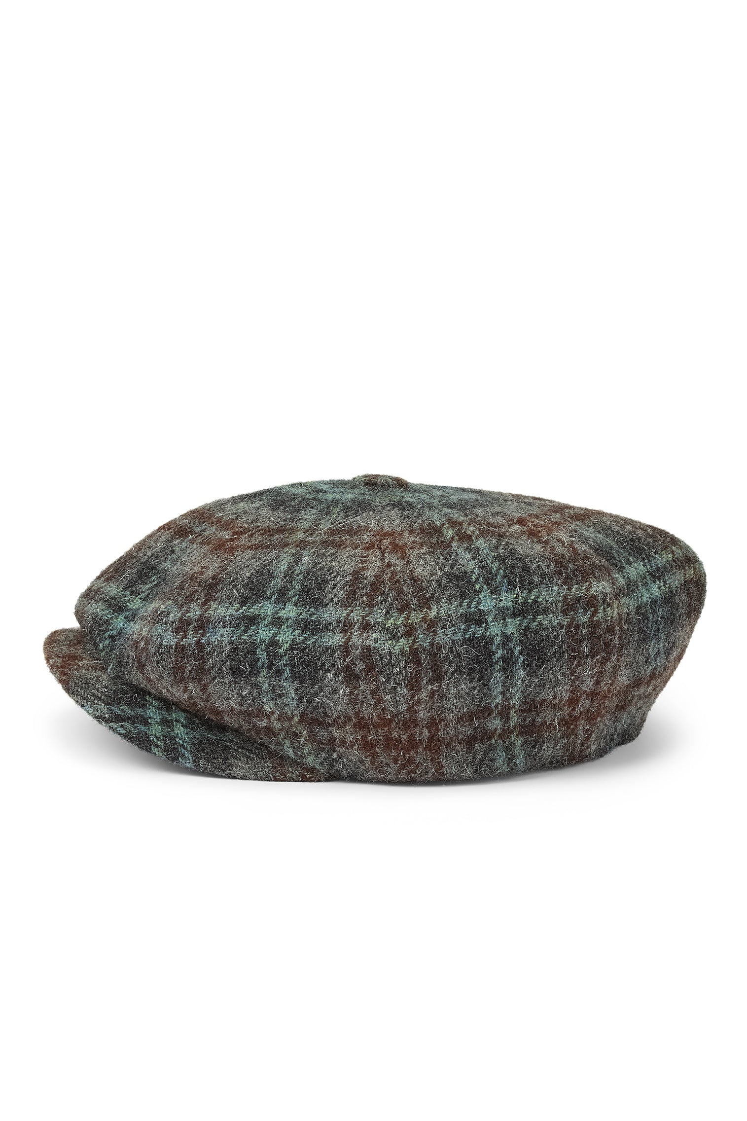 MEN'S GREEN, GREY AND RUST CHECK WOOL 8 PANEL BAKERBOY CAP