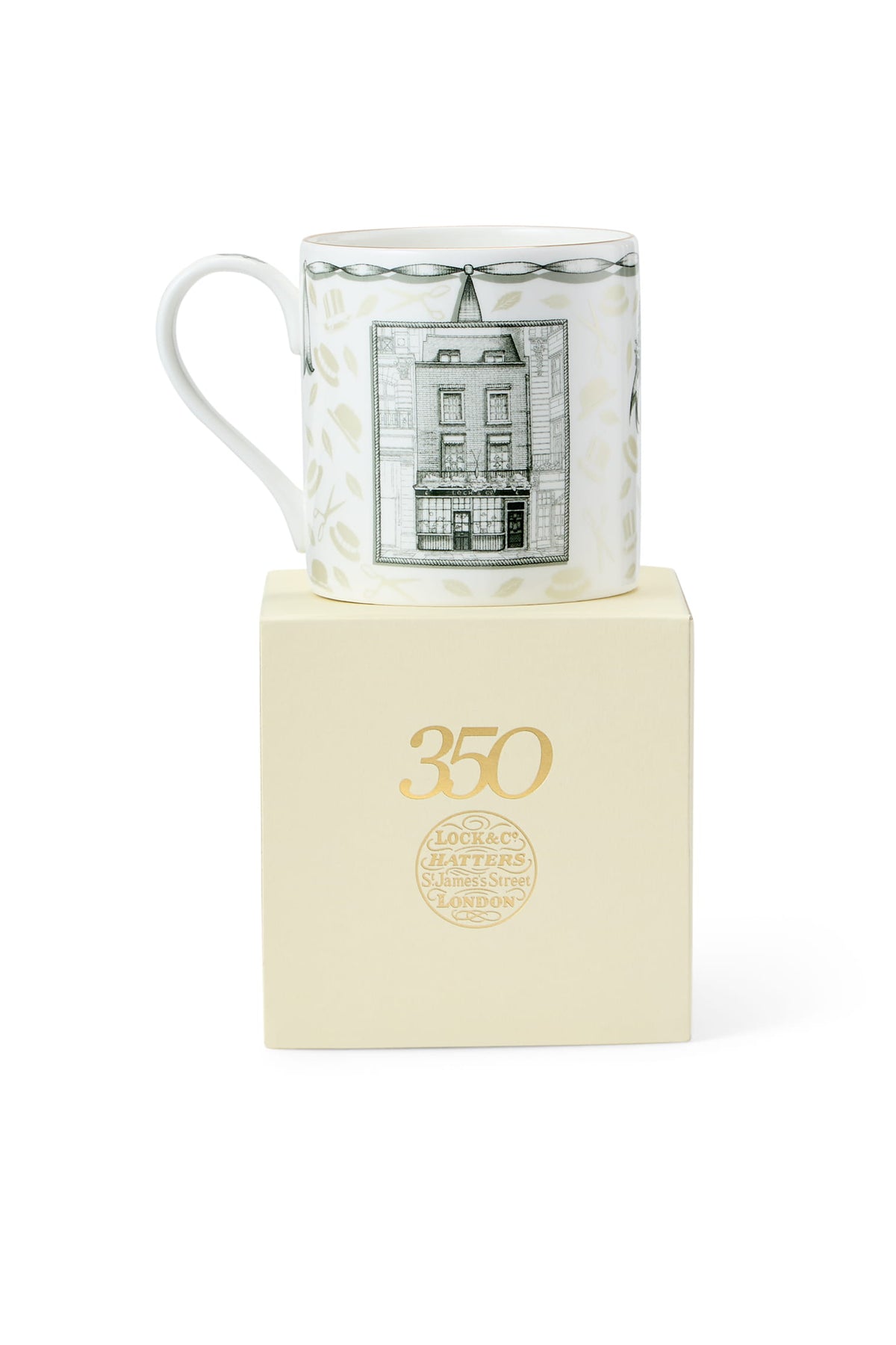 Mug with architectural design in a box labeled '350' for Lock &amp; Co.