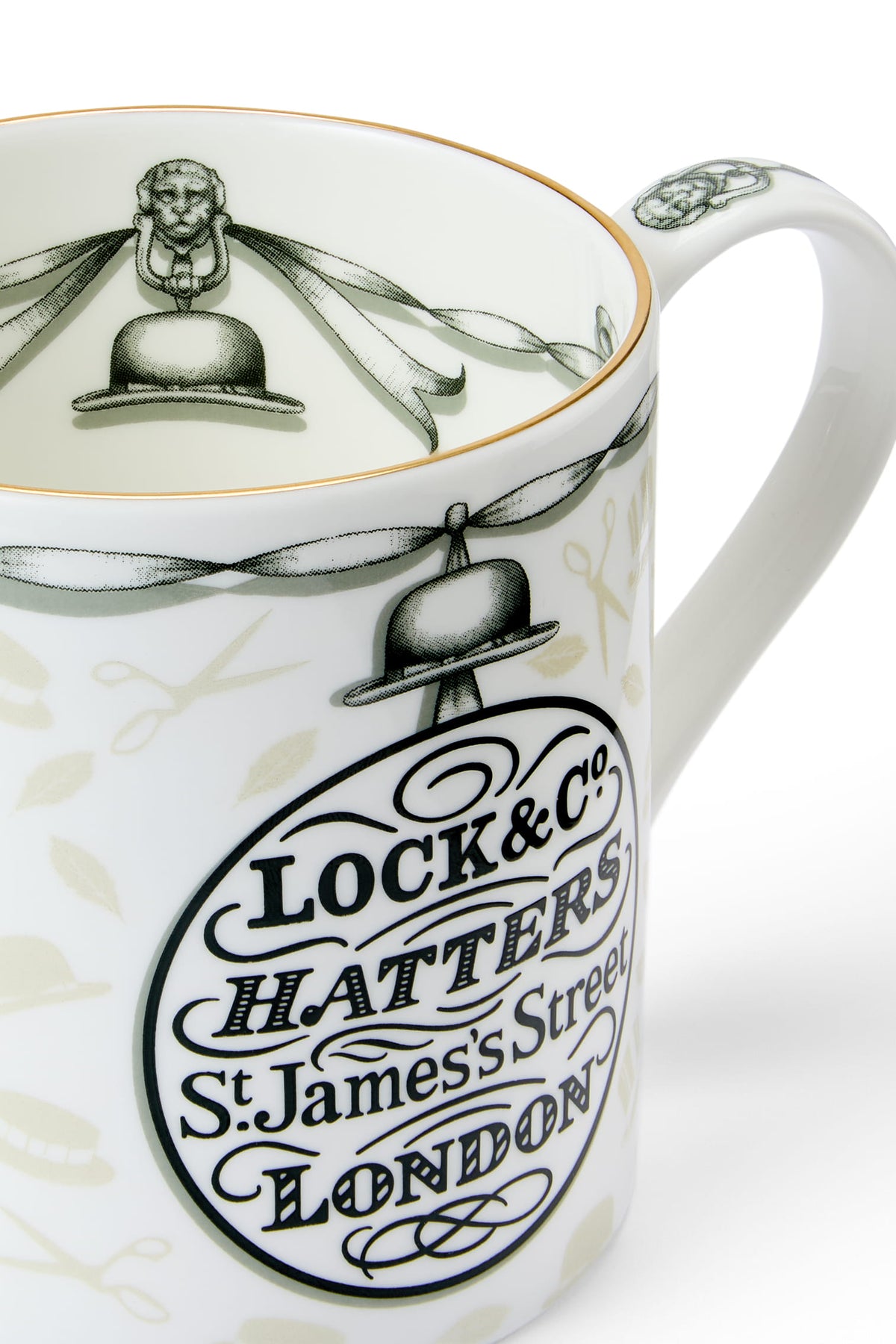 Mug with decorative design and text on a white background