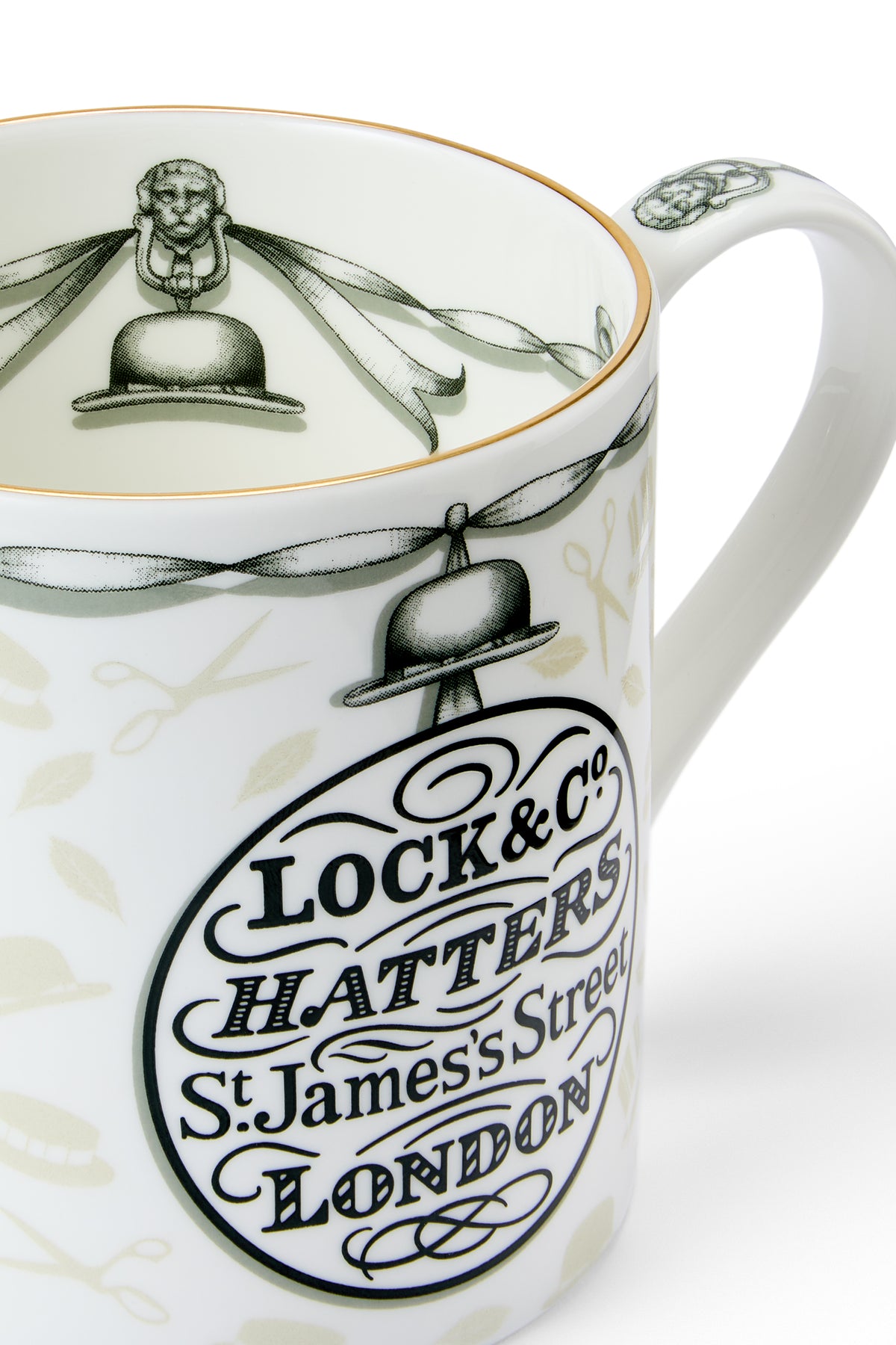 Mug with decorative design and text on a white background
