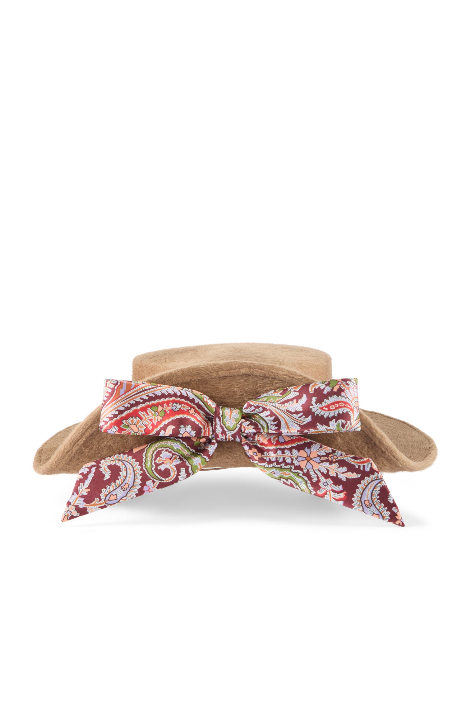 Camel melusine felt boater hat with
Liberty paisley print silk trimband and bow