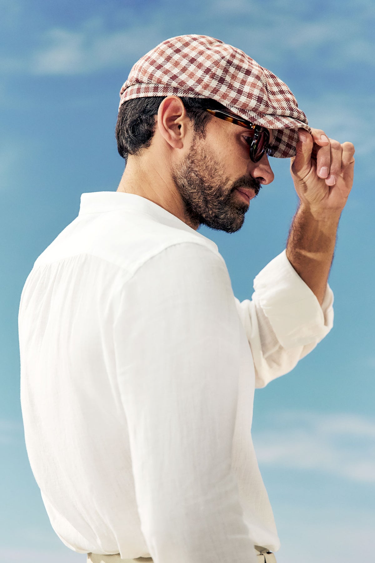 MEN'S RED AND BEIGE CHECK LINEN BLEND 8 PANEL BAKERBOY CAP