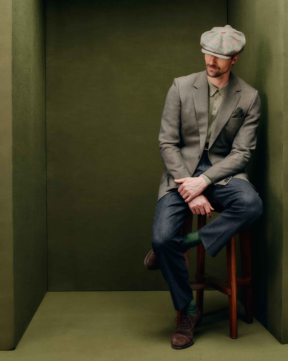 Green &amp; Brown check wool, 8 panel bakerboy cap. 