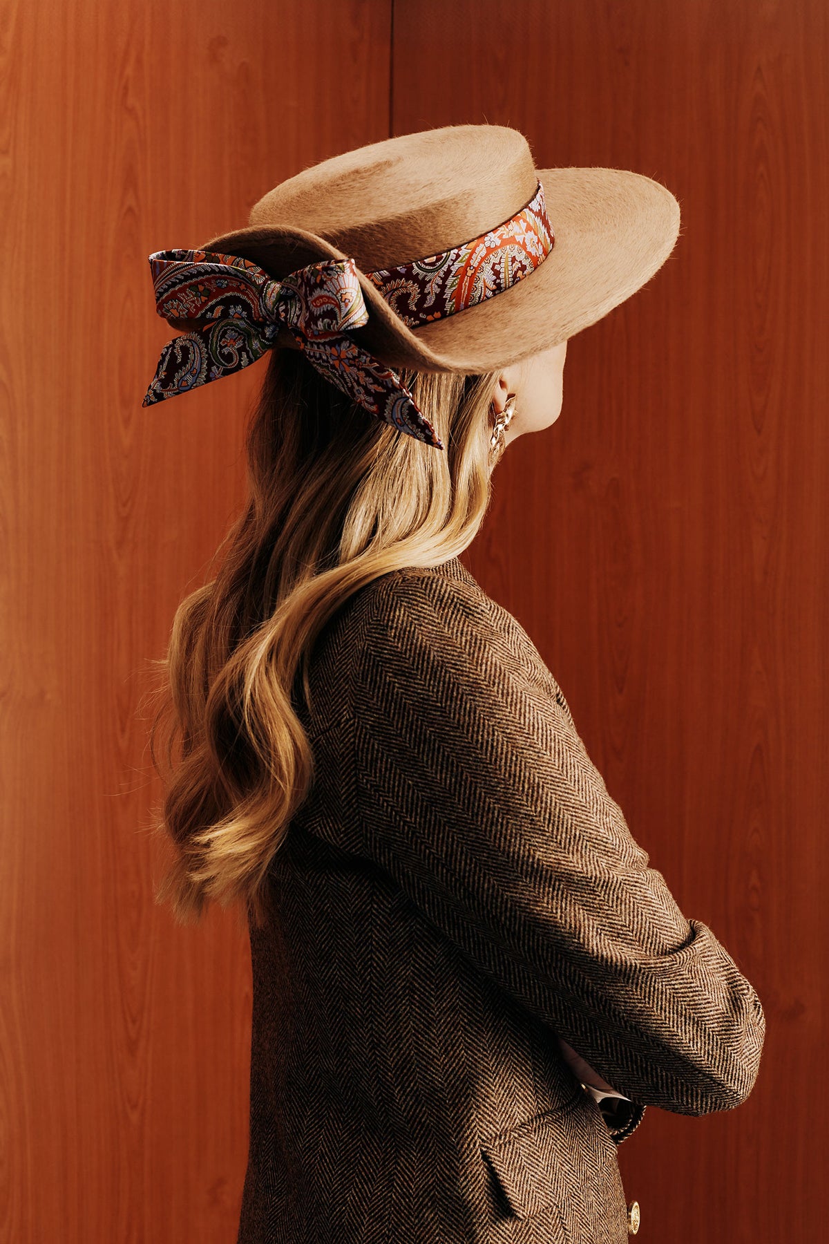 Camel melusine felt boater hat with
Liberty paisley print silk trimband and bow - Lock & Co. Hatters London UK
            