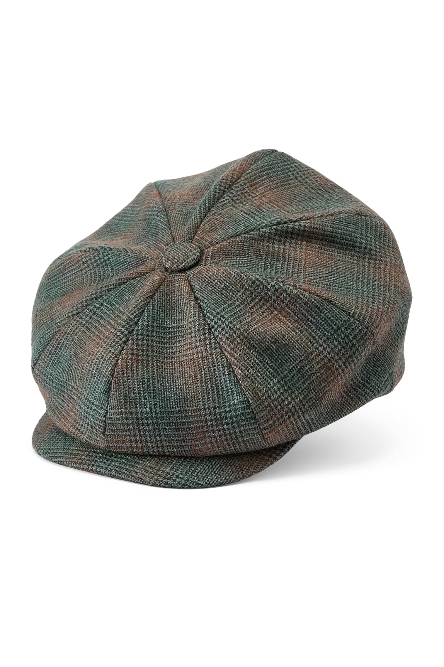 Green & Brown check wool, 8 panel bakerboy cap. 