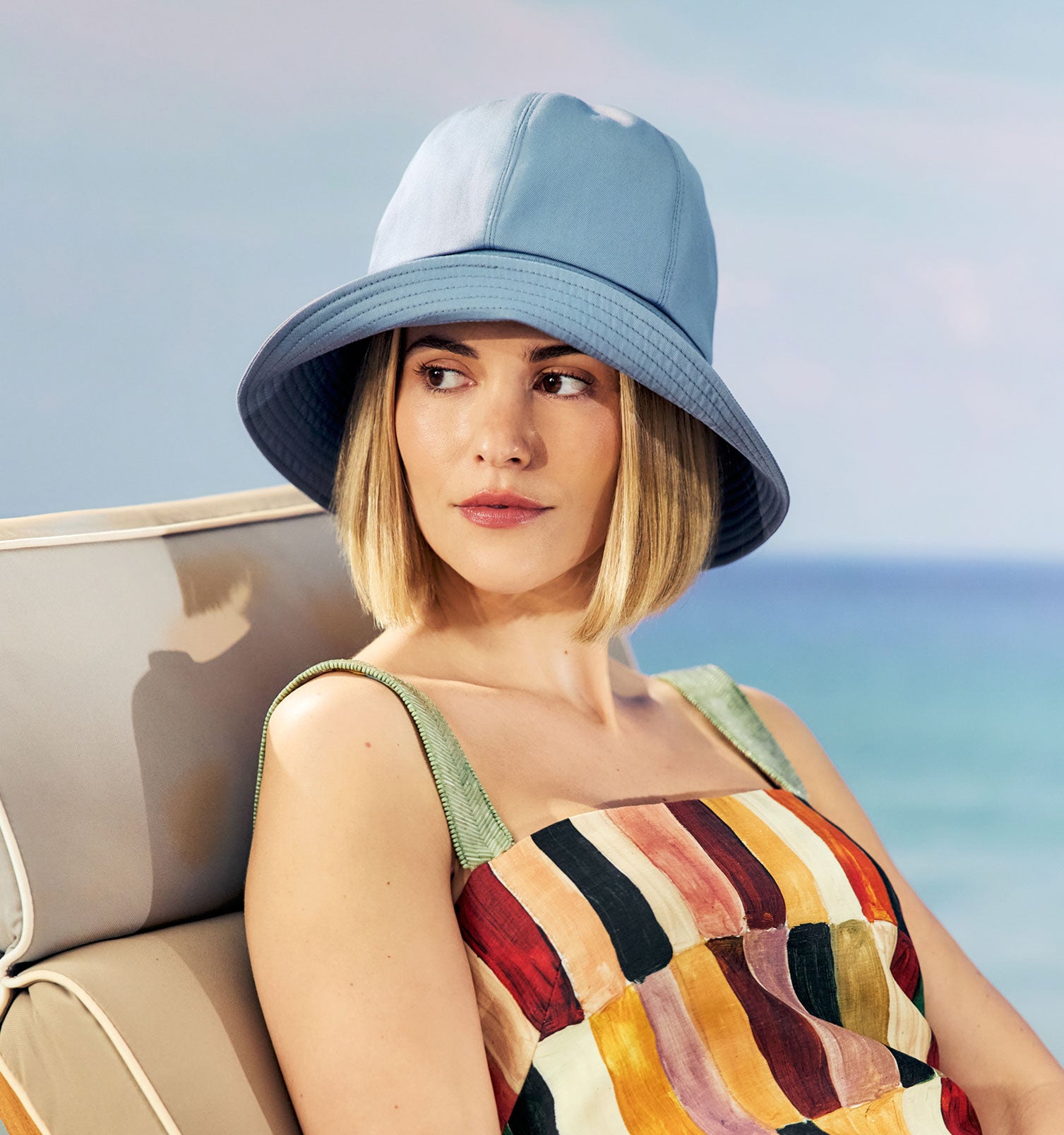 COTTON LIGHT BLUE SUN HAT WITH A MID BRIM