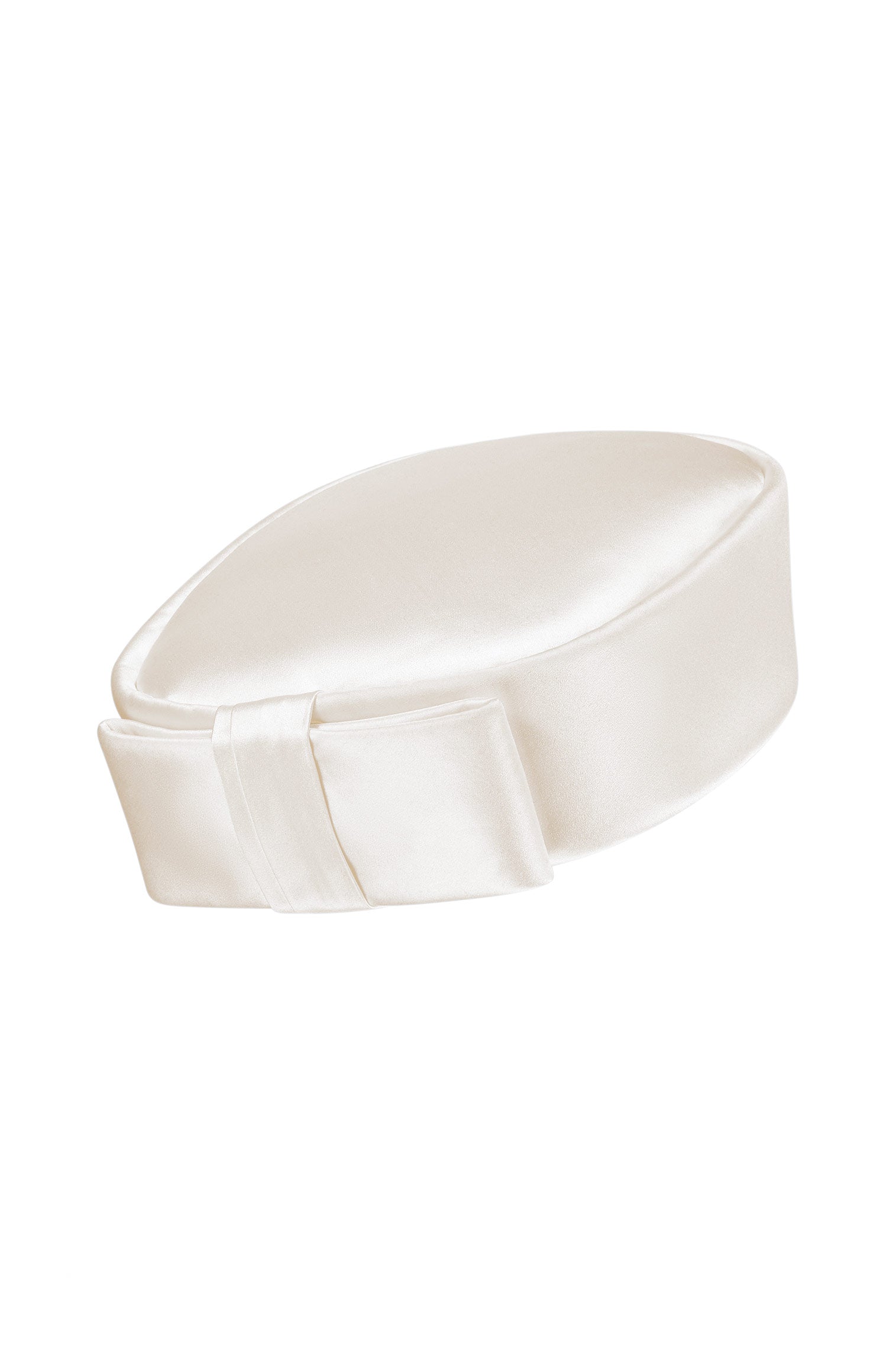 WHITE DUCHESS SATIN-COVERED SQUARE COUTURE WEDDING PILLBOX HAT WITH BOX BOW DETAILING AT BACK