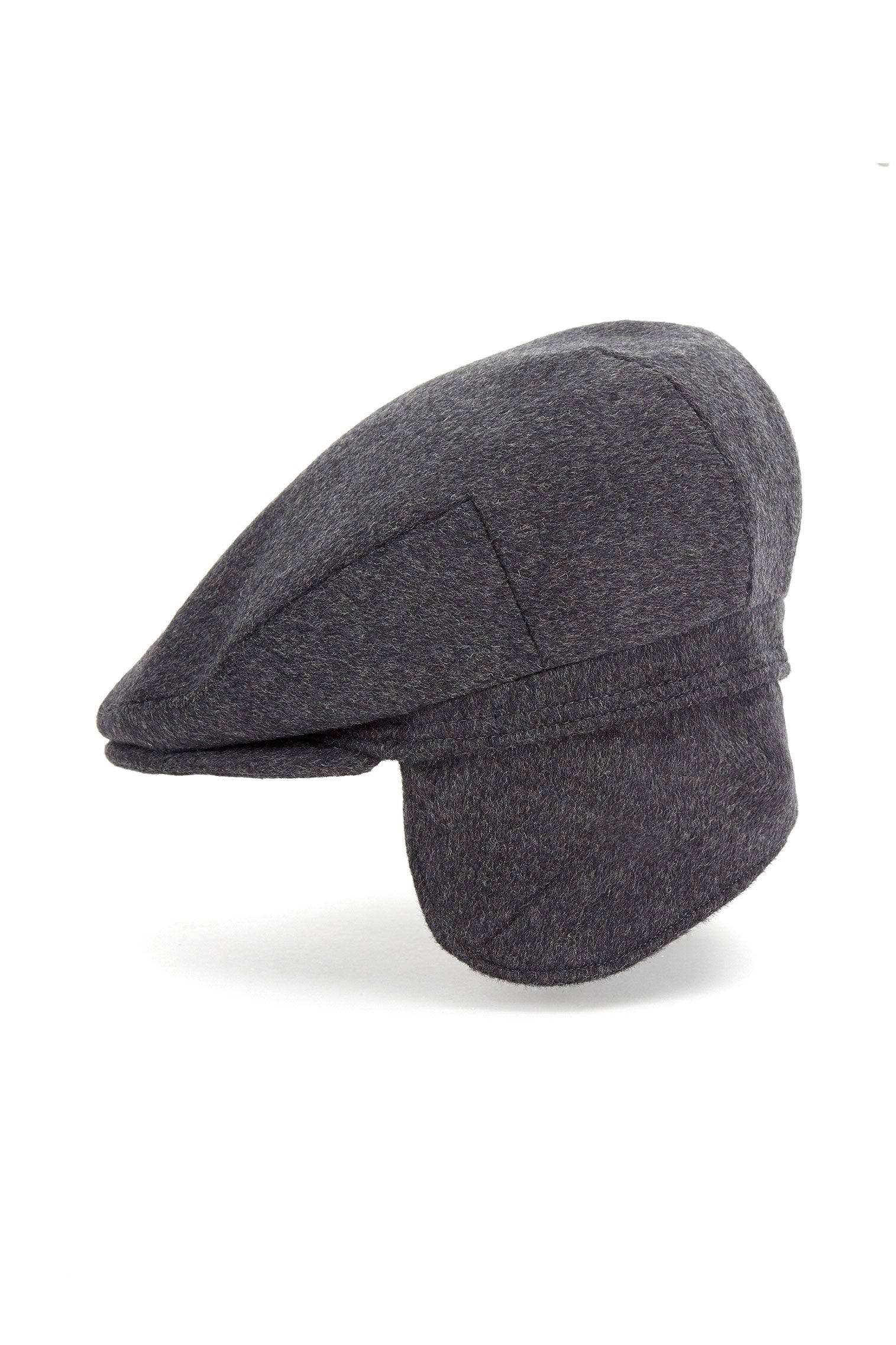 DARK GREY TWEED FLAT CAP WITH INTERNAL EAR FLAPS