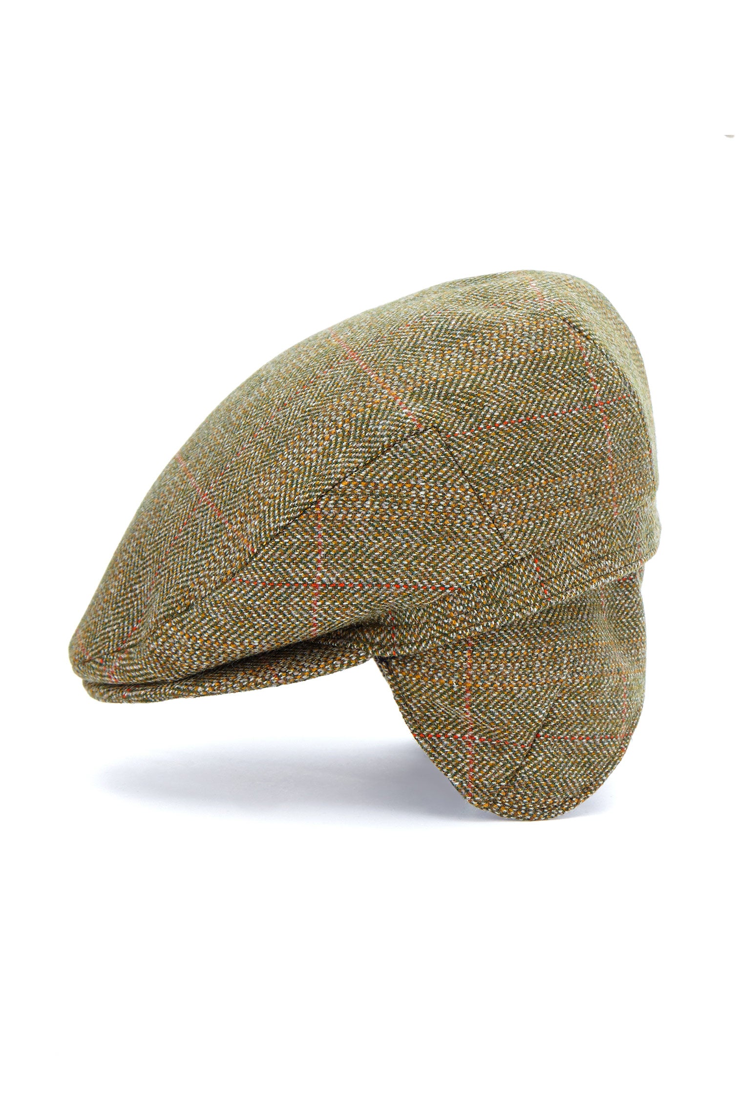 OLIVE GREEN TWEED FLAT CAP WITH INTERNAL EAR FLAPS