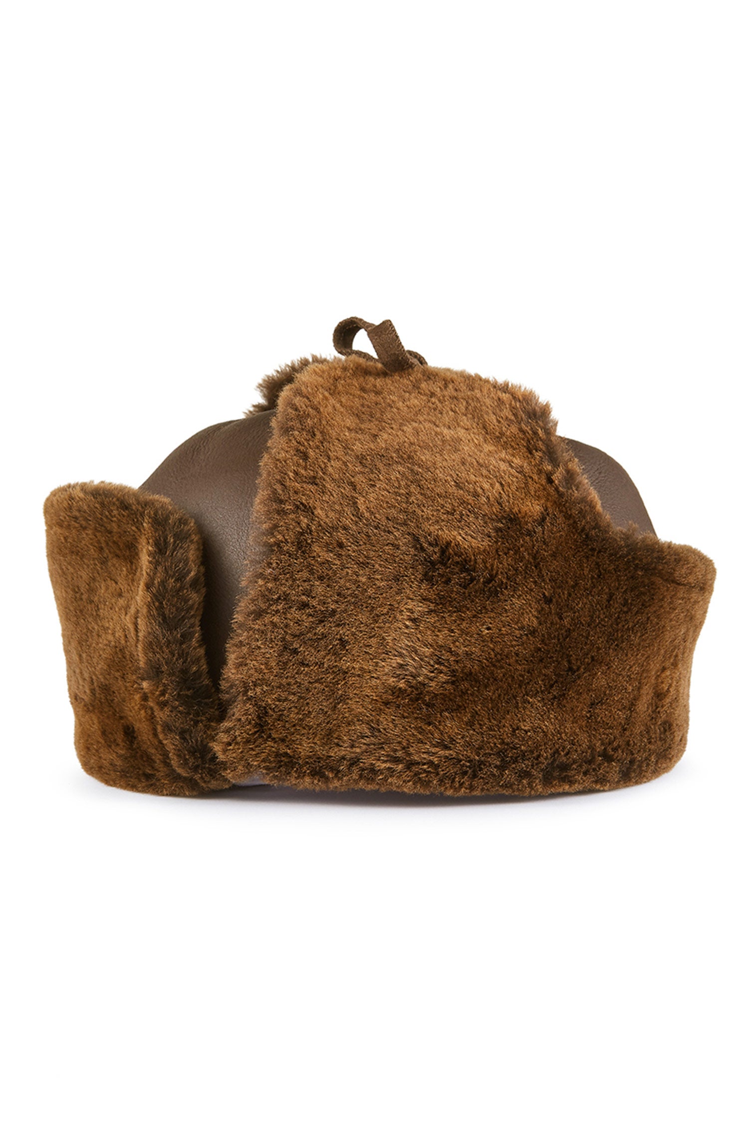 BROWN LEATHER AND SHEEPSKIN TRAPPER-STYLE HAT WITH FUR LINING AND EAR FLAPS