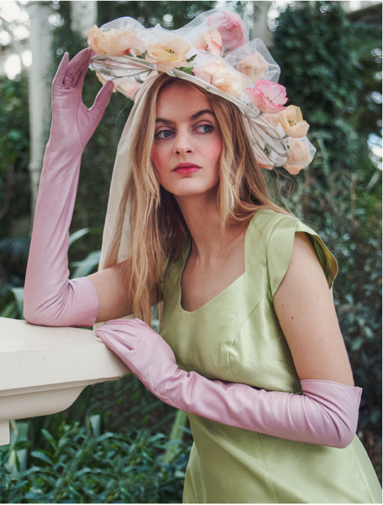 TULLE-DRAPED WIRE FRAME CONICAL-SHAPED COUTURE HAT COVERED WITH VINTAGE PINK & ORANGE POPPIES AND WHITE OVERSIZED DUPION SILK UNDER-CHIN TIES