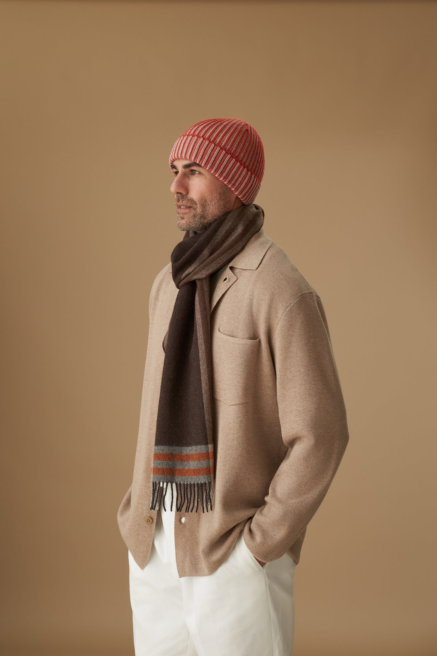 UNISEX ORANGE & BEIGE CASHMERE SKI BEANIE